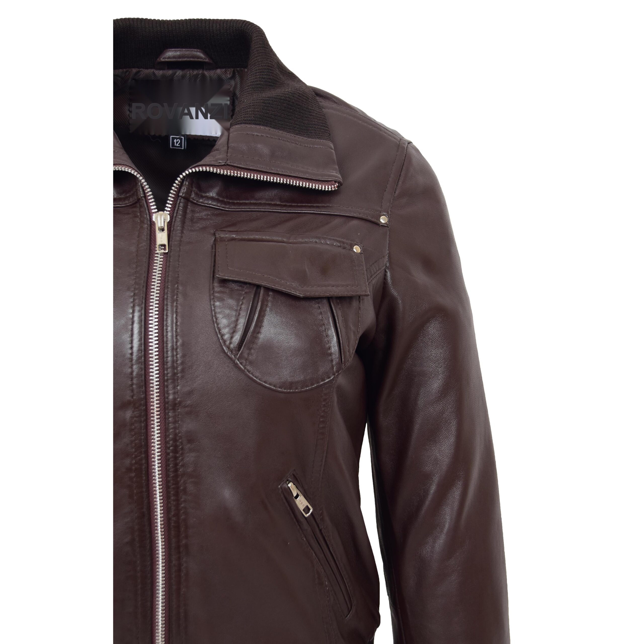 BUNERI Chaqueta Bomber Clasica de Cuero para Mujer Marron - Imagen 7