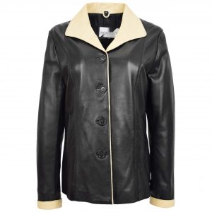 BUNERI Chaqueta de Caja de Cuero Clásica Botón para Mujer Negro Beige