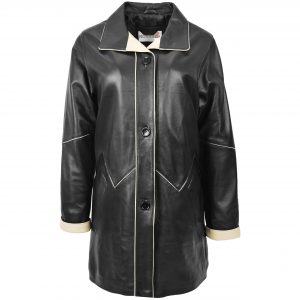 BUNERI Abrigo Mujer Cuero 3/4 Largo Estilo Clasico Negro Beige