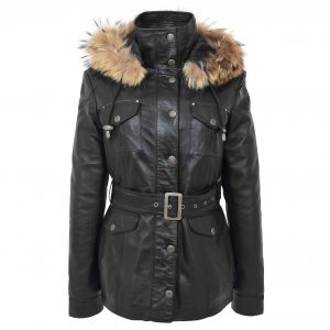 BUNERI Abrigo Mujer Cuero Capucha Desmontable Negro