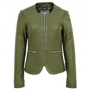 BUNERI Chaqueta de Cuero sin Cuello para Mujer Diseño Acolchado Verde Oliva