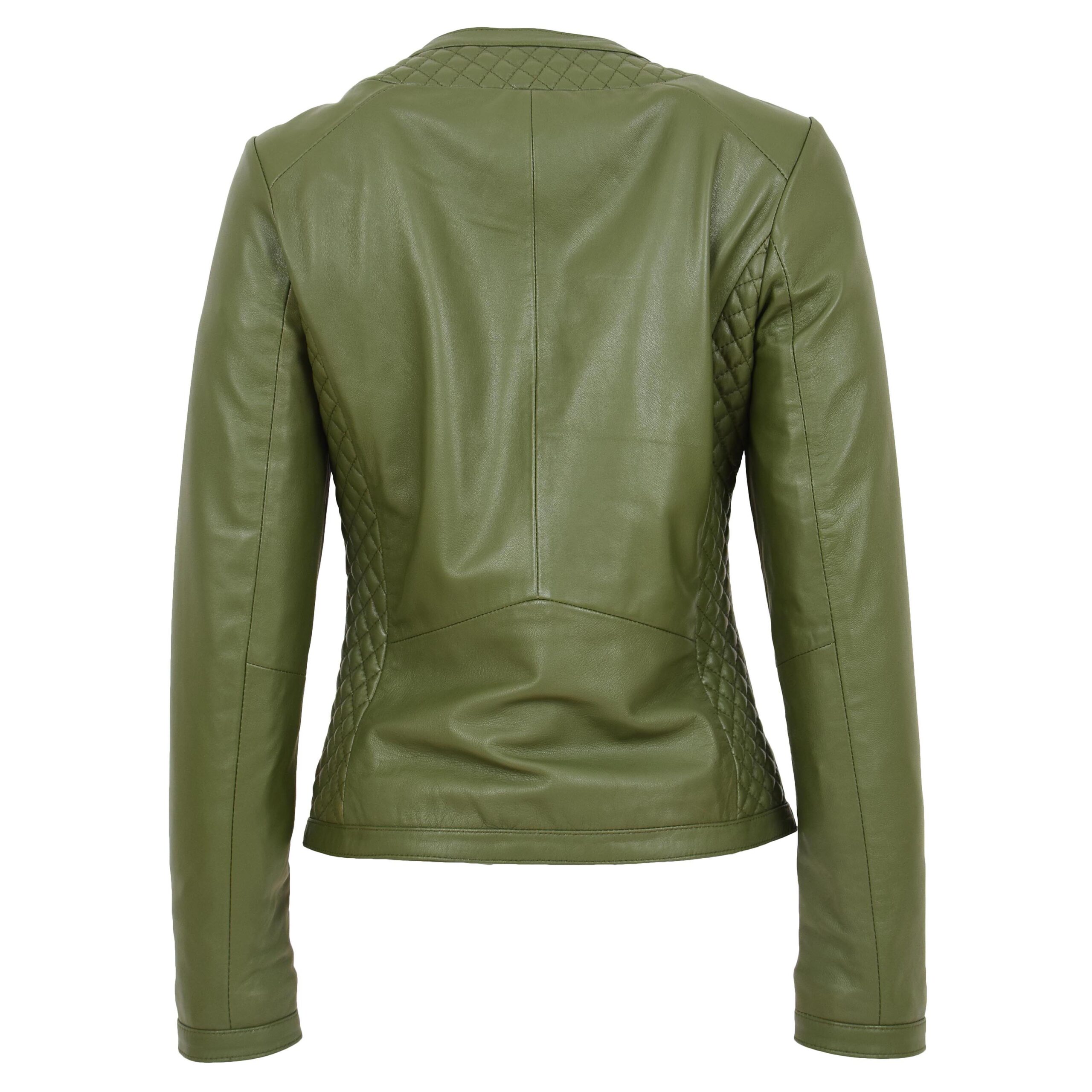 BUNERI Chaqueta de Cuero sin Cuello para Mujer Diseño Acolchado Verde Oliva - Imagen 2