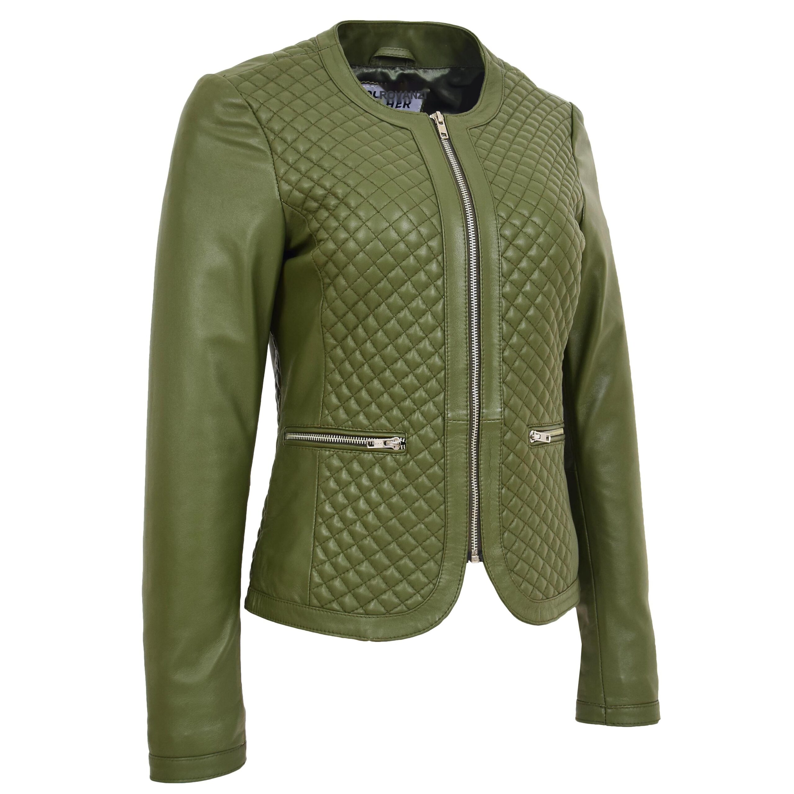 BUNERI Chaqueta de Cuero sin Cuello para Mujer Diseño Acolchado Verde Oliva - Imagen 3