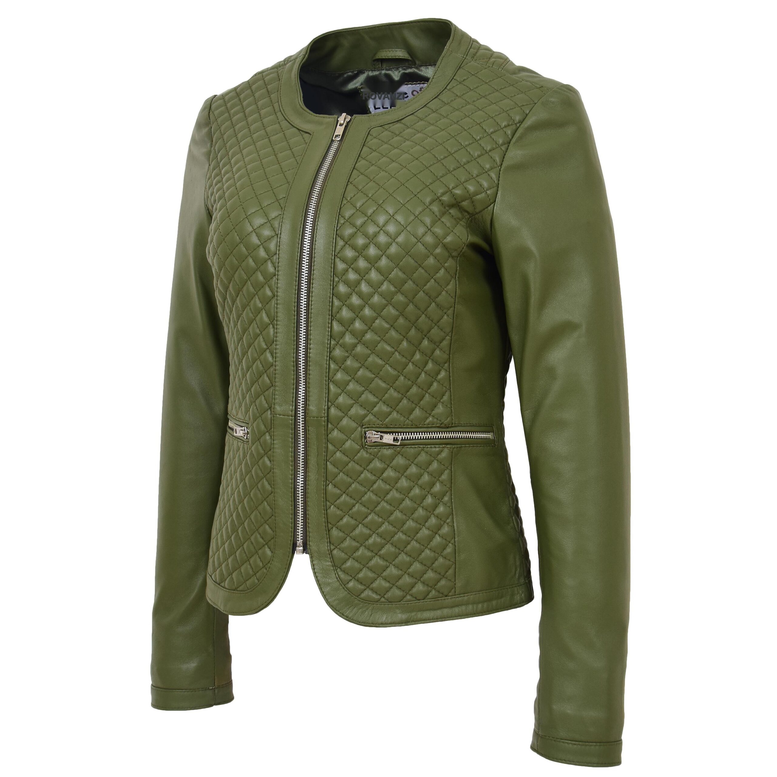 BUNERI Chaqueta de Cuero sin Cuello para Mujer Diseño Acolchado Verde Oliva - Imagen 4
