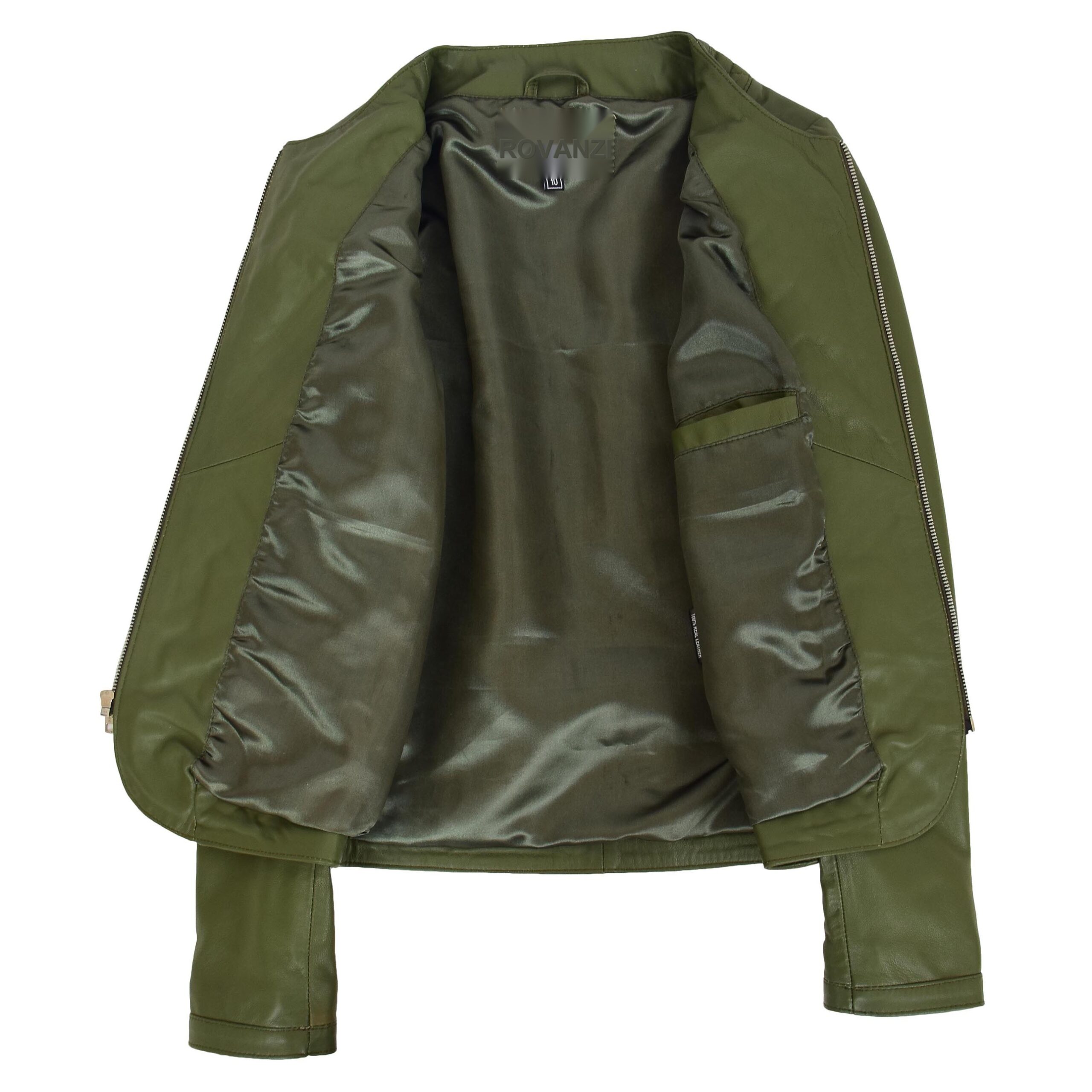 BUNERI Chaqueta de Cuero sin Cuello para Mujer Diseño Acolchado Verde Oliva - Imagen 6
