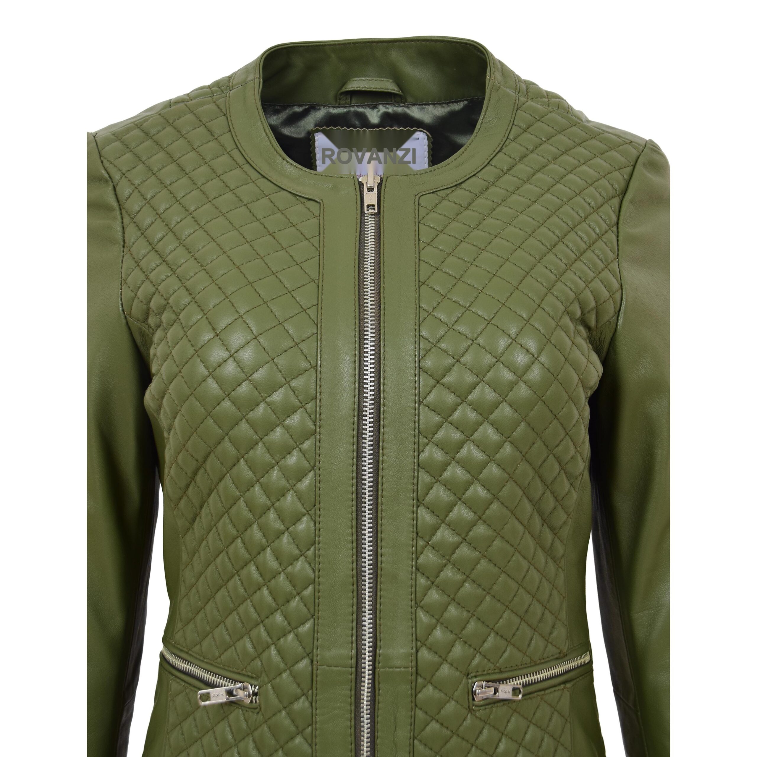BUNERI Chaqueta de Cuero sin Cuello para Mujer Diseño Acolchado Verde Oliva - Imagen 7