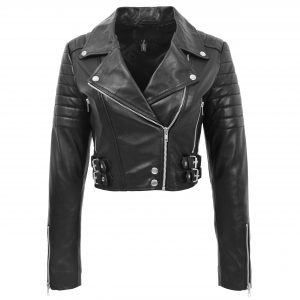 BUNERI Biker Cuero Demi Negra Corta Mujer