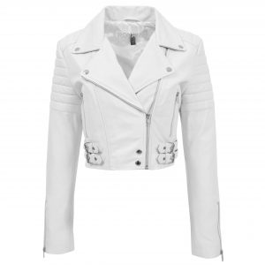 BUNERI Chaqueta de Cuero Blanco Corta Biker para Mujer