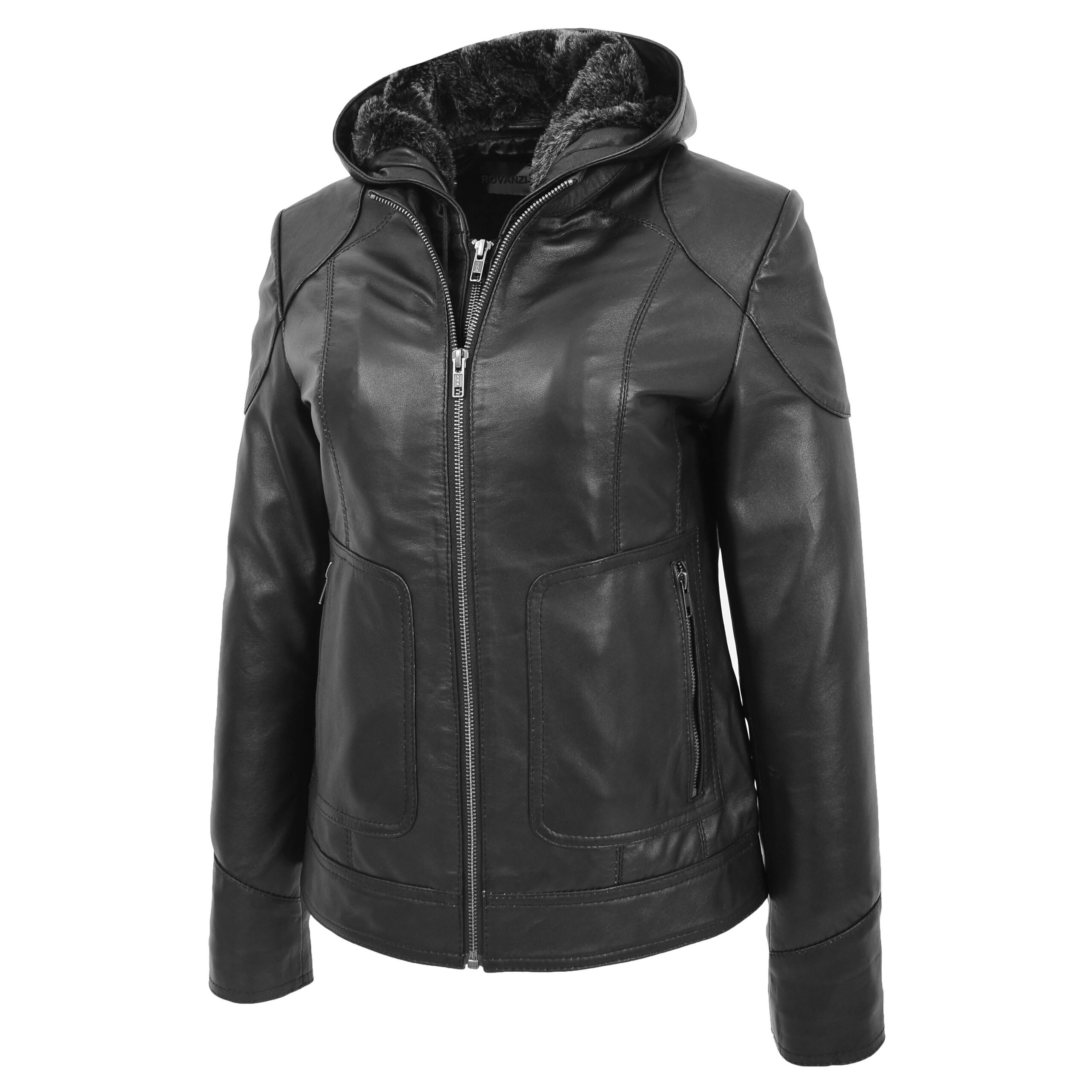 BUNERI Abrigo de Cuero Negro con Capucha Desmontable para Mujer - Imagen 5