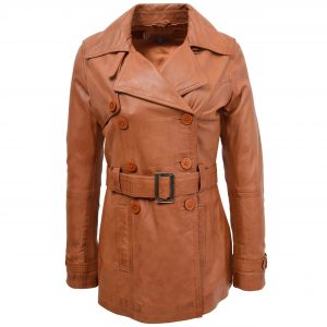 BUNERI Abrigo Trench de Cuero Tan Cruzado para Mujer