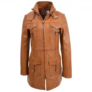 BUNERI Chaqueta de Cuero Tan con Doble Cremallera para Mujer