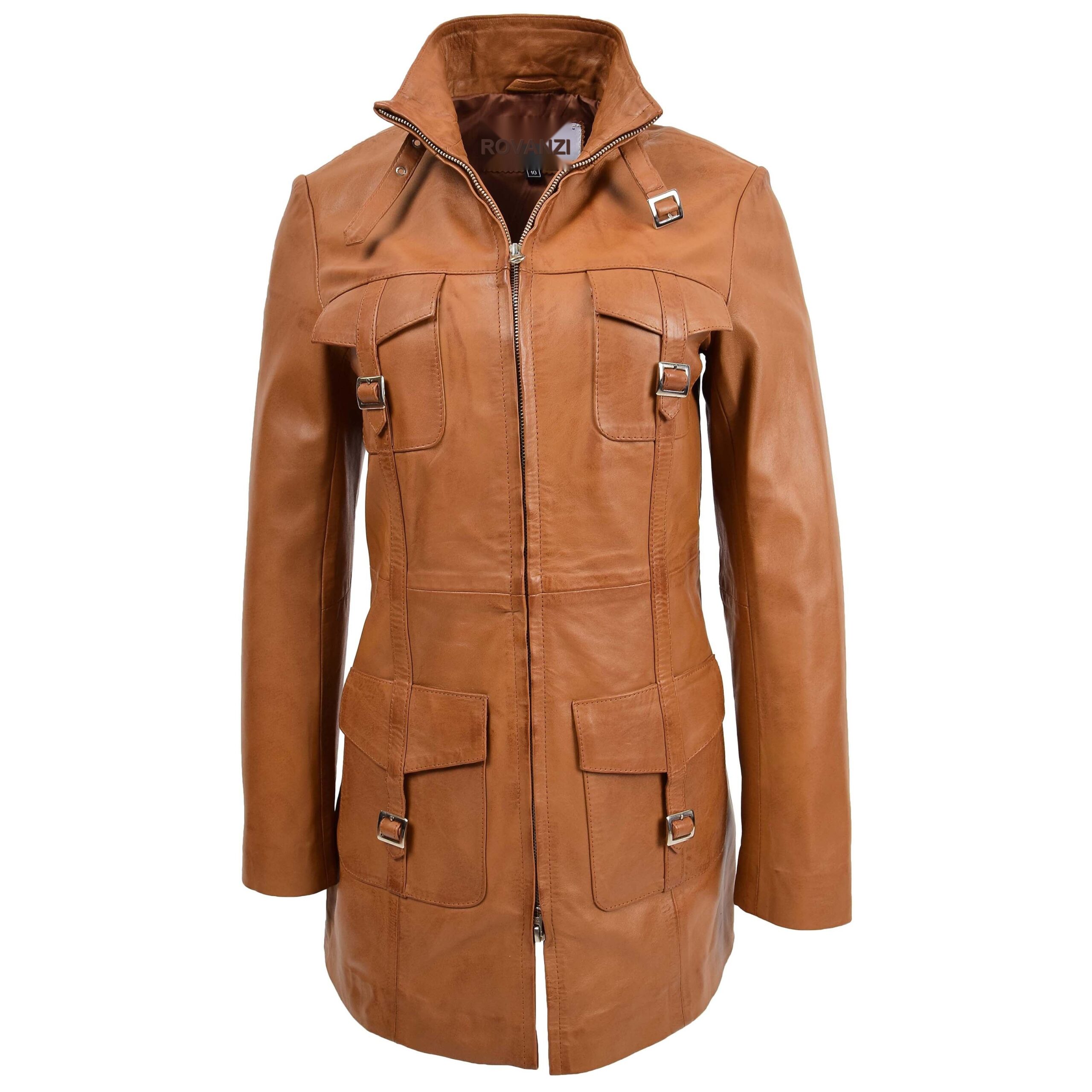 BUNERI Chaqueta de Cuero Tan con Doble Cremallera para Mujer