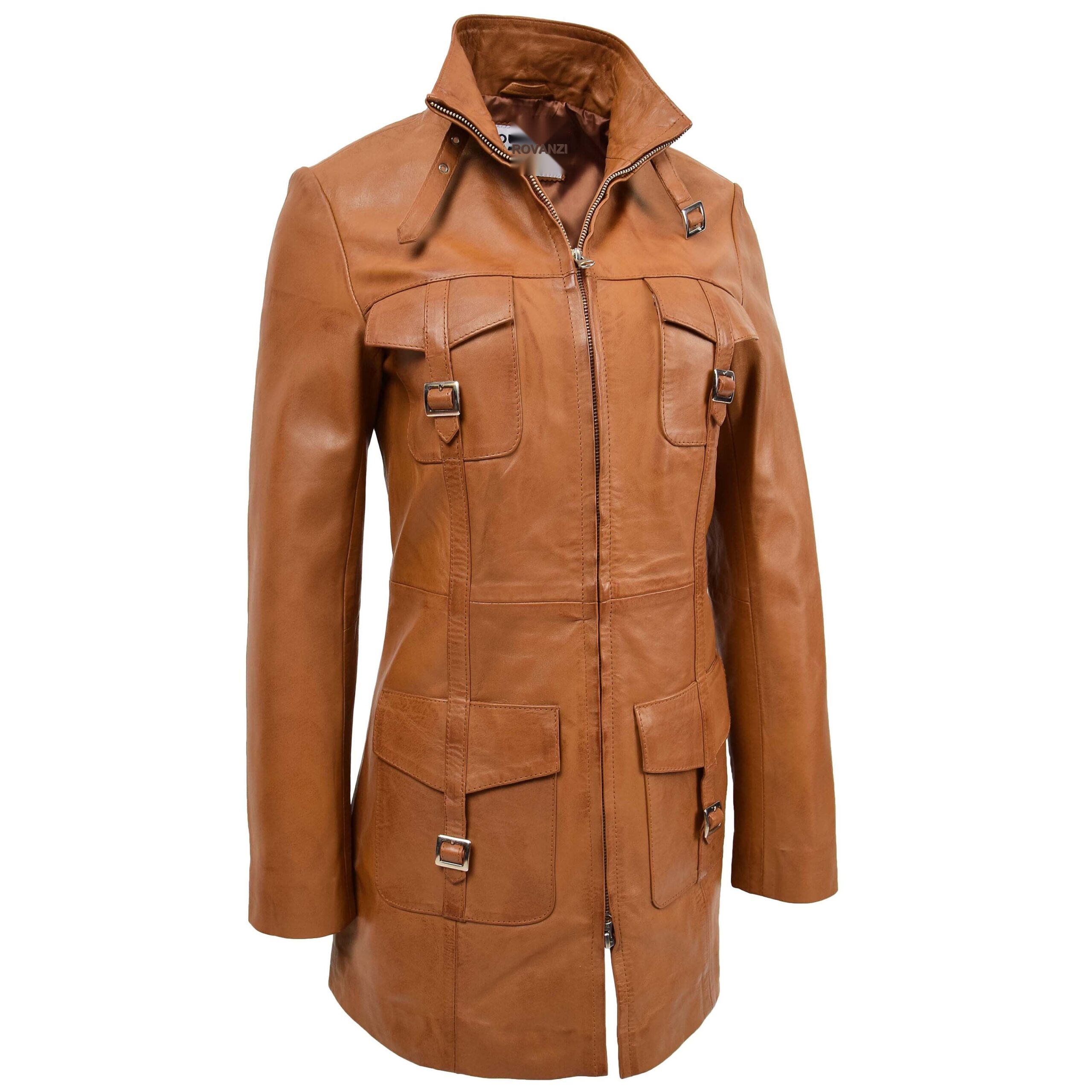 BUNERI Chaqueta de Cuero Tan con Doble Cremallera para Mujer - Imagen 3