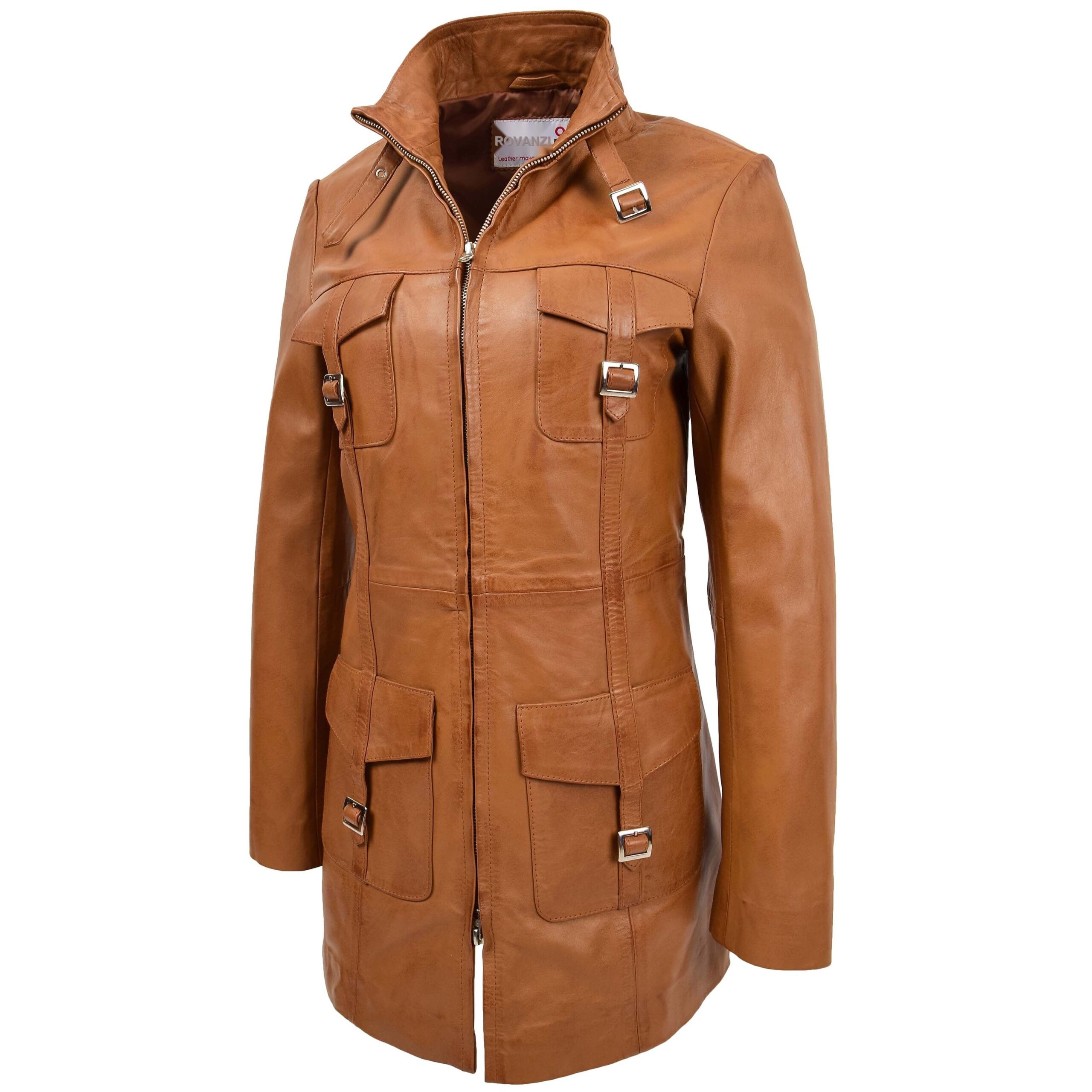 BUNERI Chaqueta de Cuero Tan con Doble Cremallera para Mujer - Imagen 4