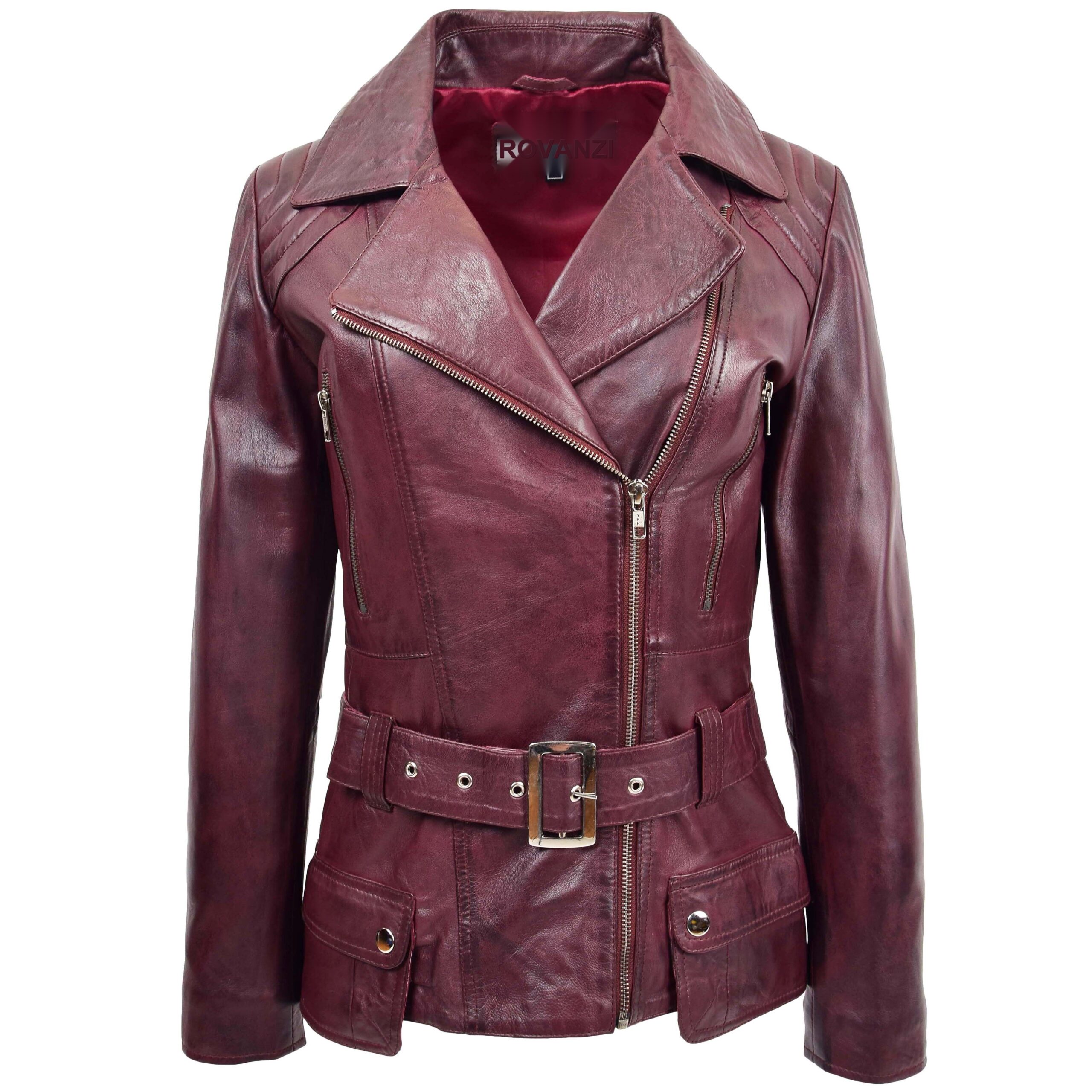 BUNERI Chaqueta Biker de Cuero Largo Cadera para Mujer Burdeos