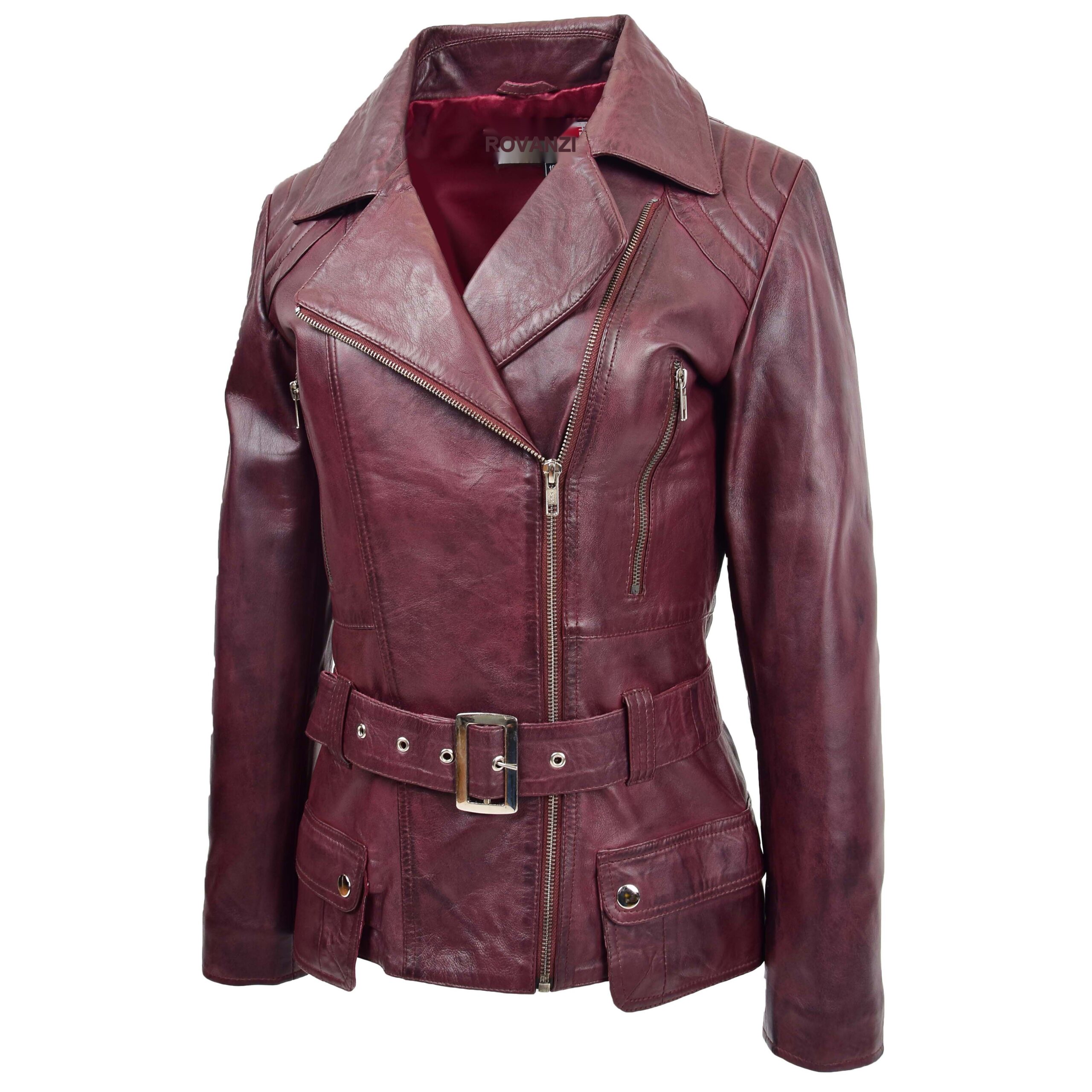 BUNERI Chaqueta Biker de Cuero Largo Cadera para Mujer Burdeos - Imagen 3