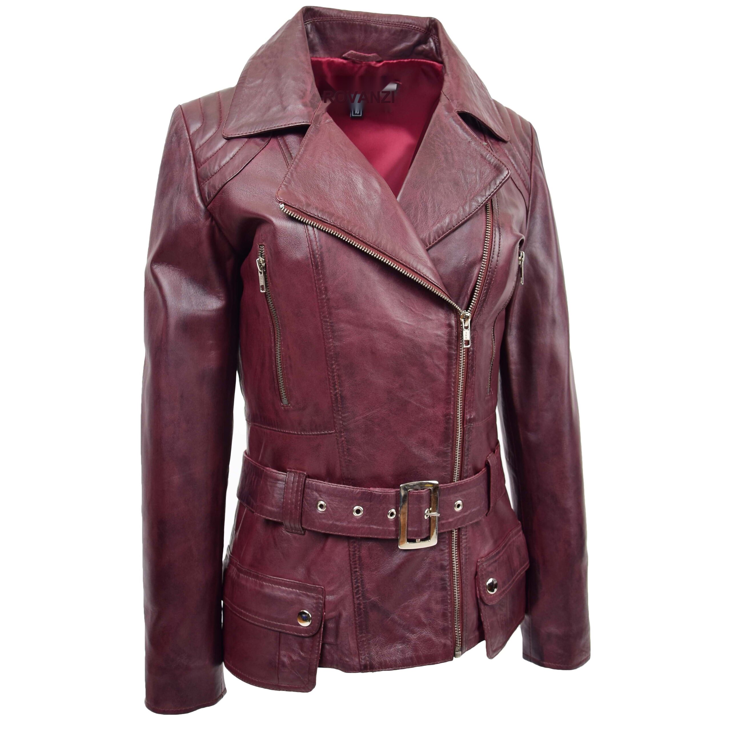 BUNERI Chaqueta Biker de Cuero Largo Cadera para Mujer Burdeos - Imagen 4