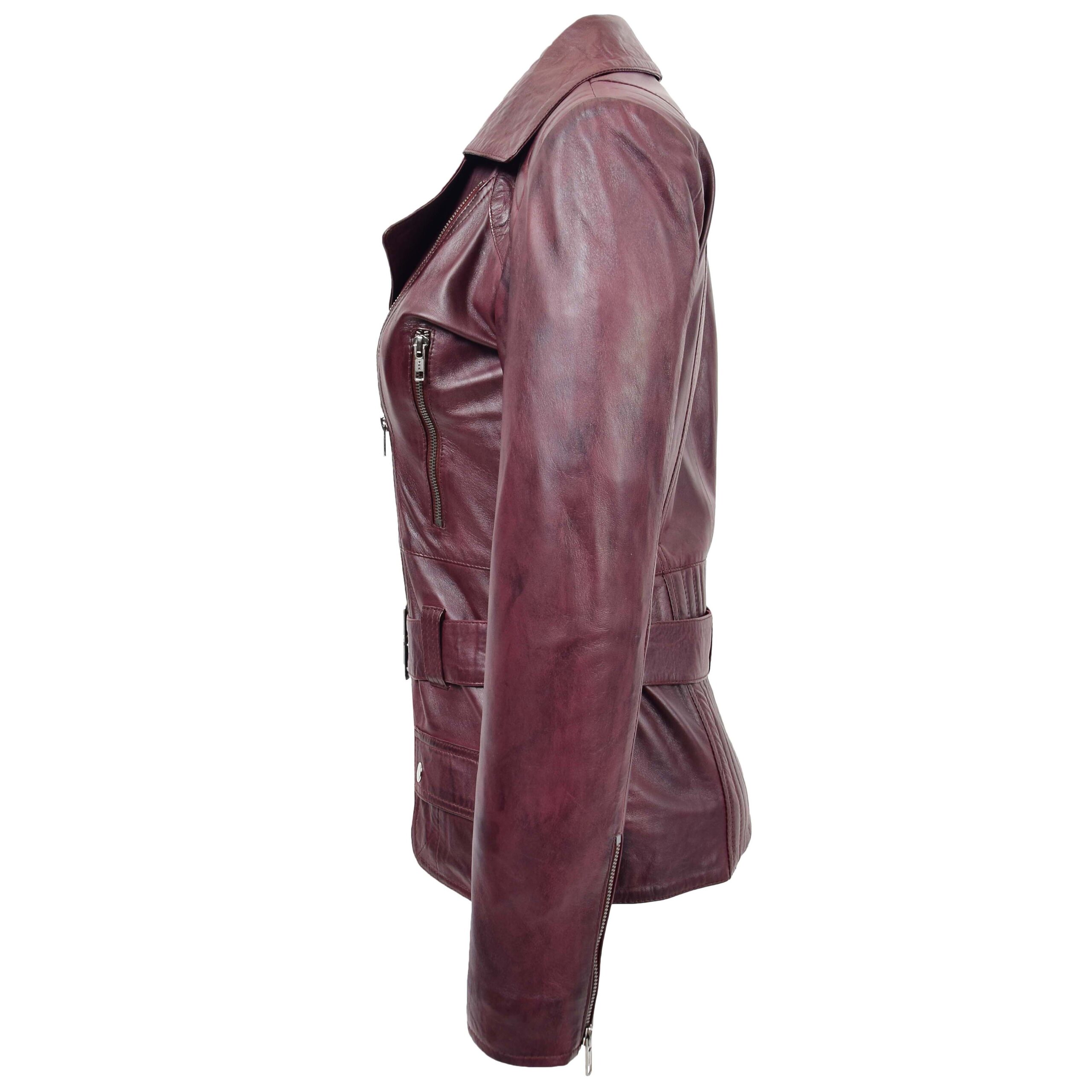 BUNERI Chaqueta Biker de Cuero Largo Cadera para Mujer Burdeos - Imagen 5