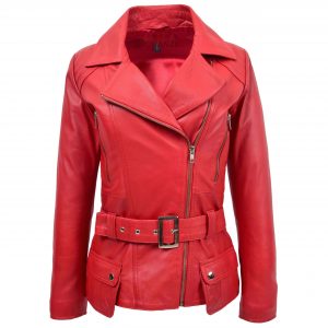 BUNERI Chaqueta Biker Mujer Cuero Largo Cadera Roja
