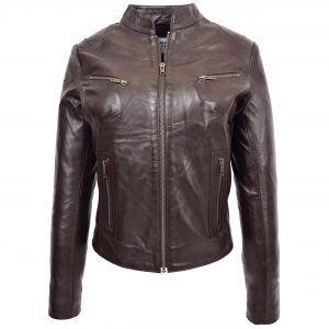 BUNERI Chaqueta Mujer Cuero Cuello Alto Marron