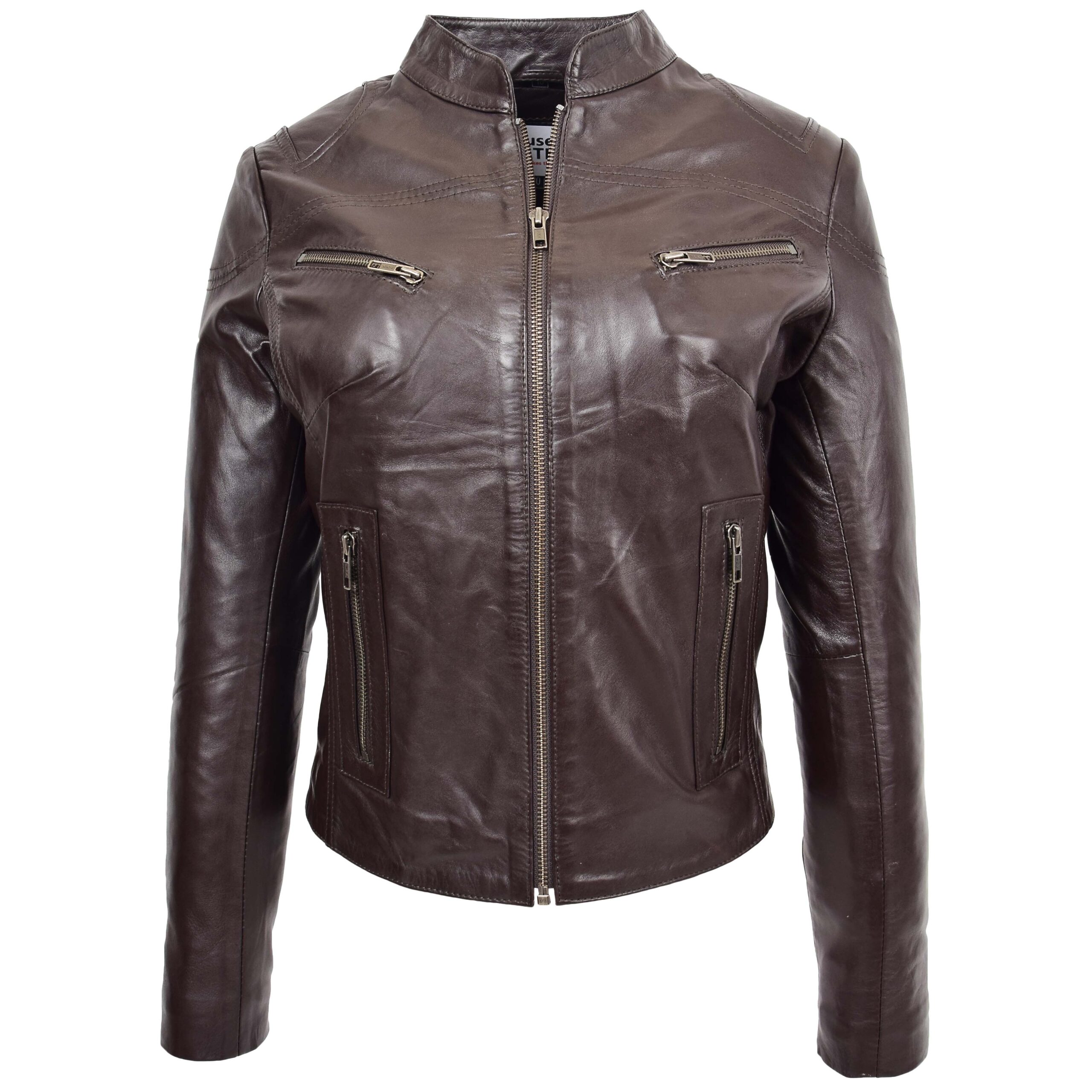 BUNERI Chaqueta Mujer Cuero Cuello Alto Marron