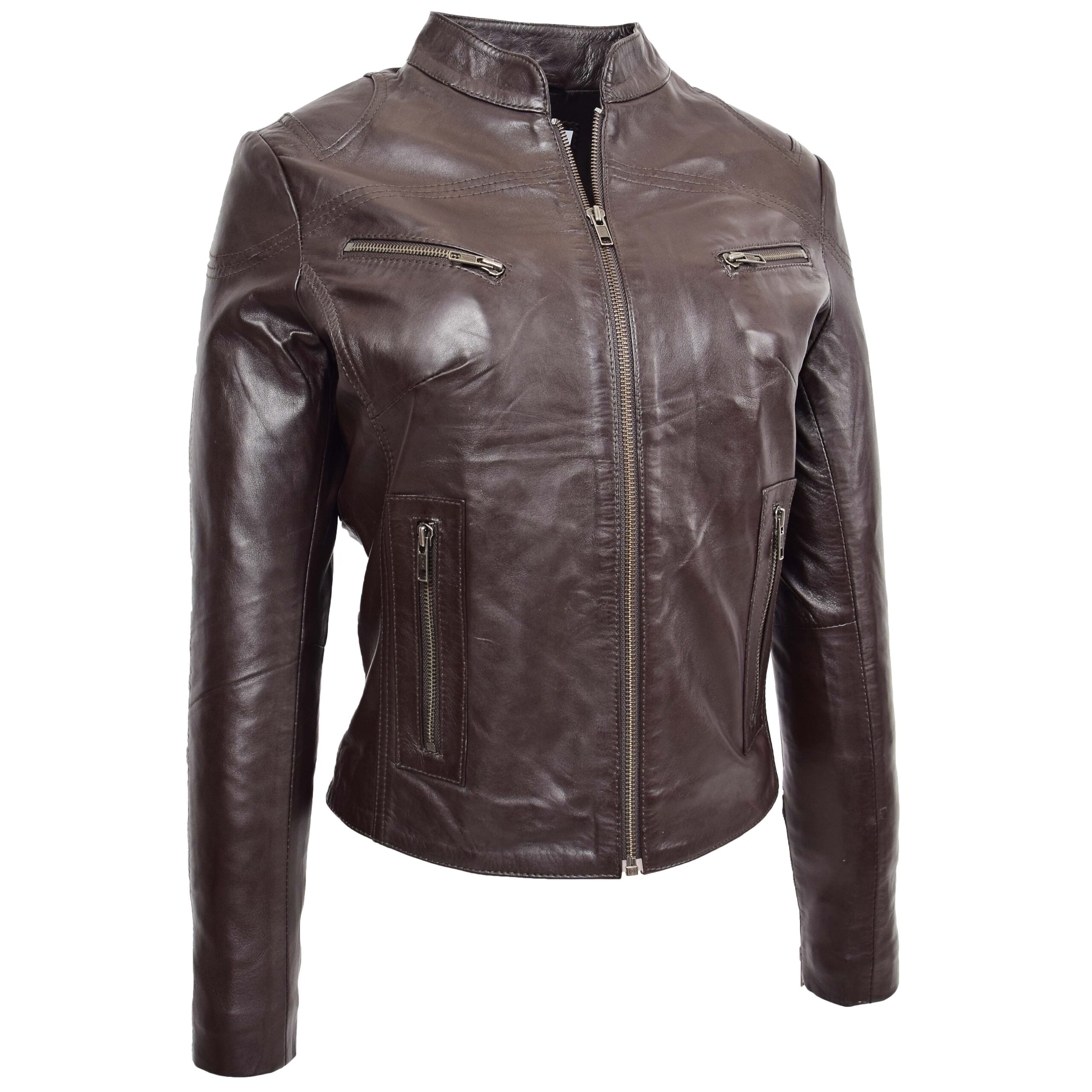 BUNERI Chaqueta Mujer Cuero Cuello Alto Marron - Imagen 3