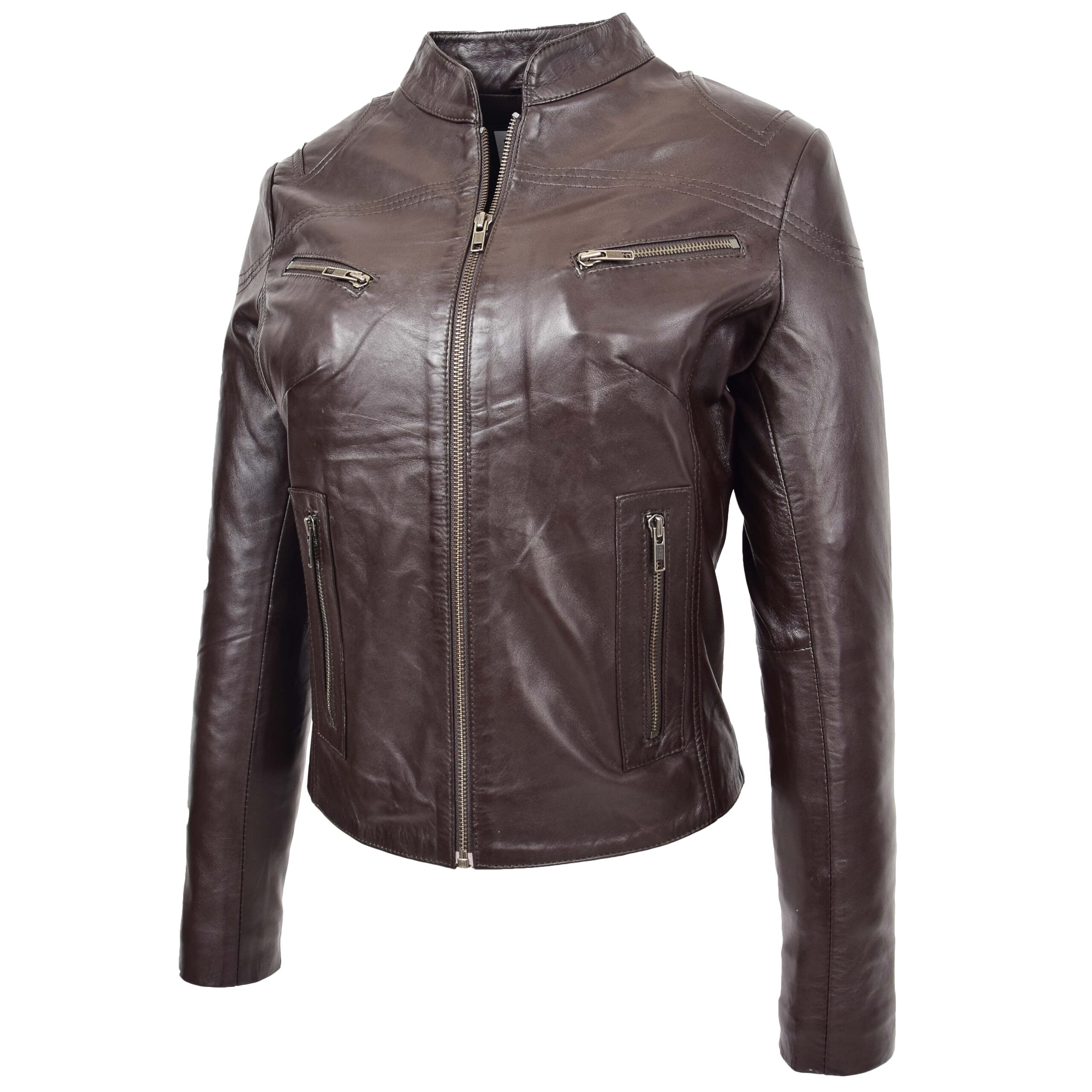 BUNERI Chaqueta Mujer Cuero Cuello Alto Marron - Imagen 4