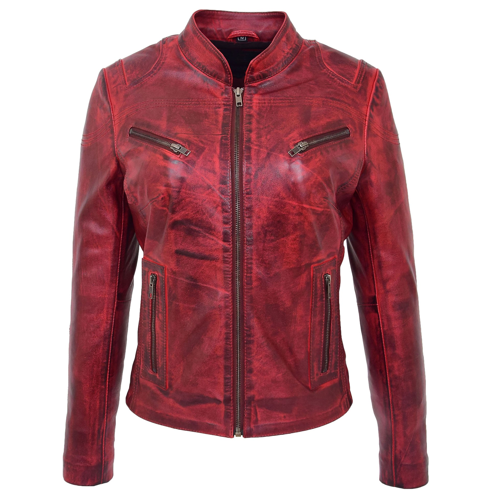 BUNERI Chaqueta de Cuero con Cuello Alto para Mujer Rojo Quemado