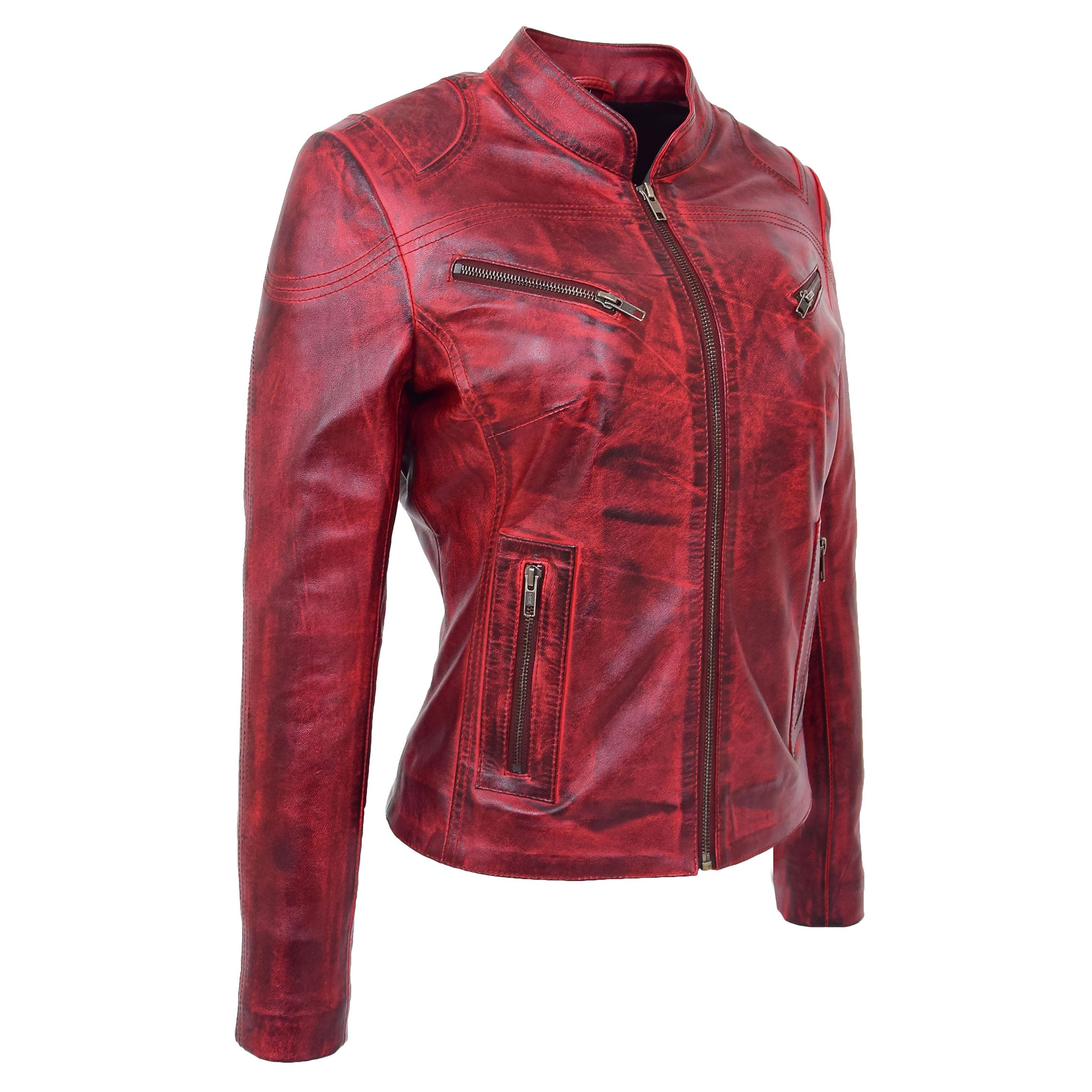 BUNERI Chaqueta de Cuero con Cuello Alto para Mujer Rojo Quemado - Imagen 4