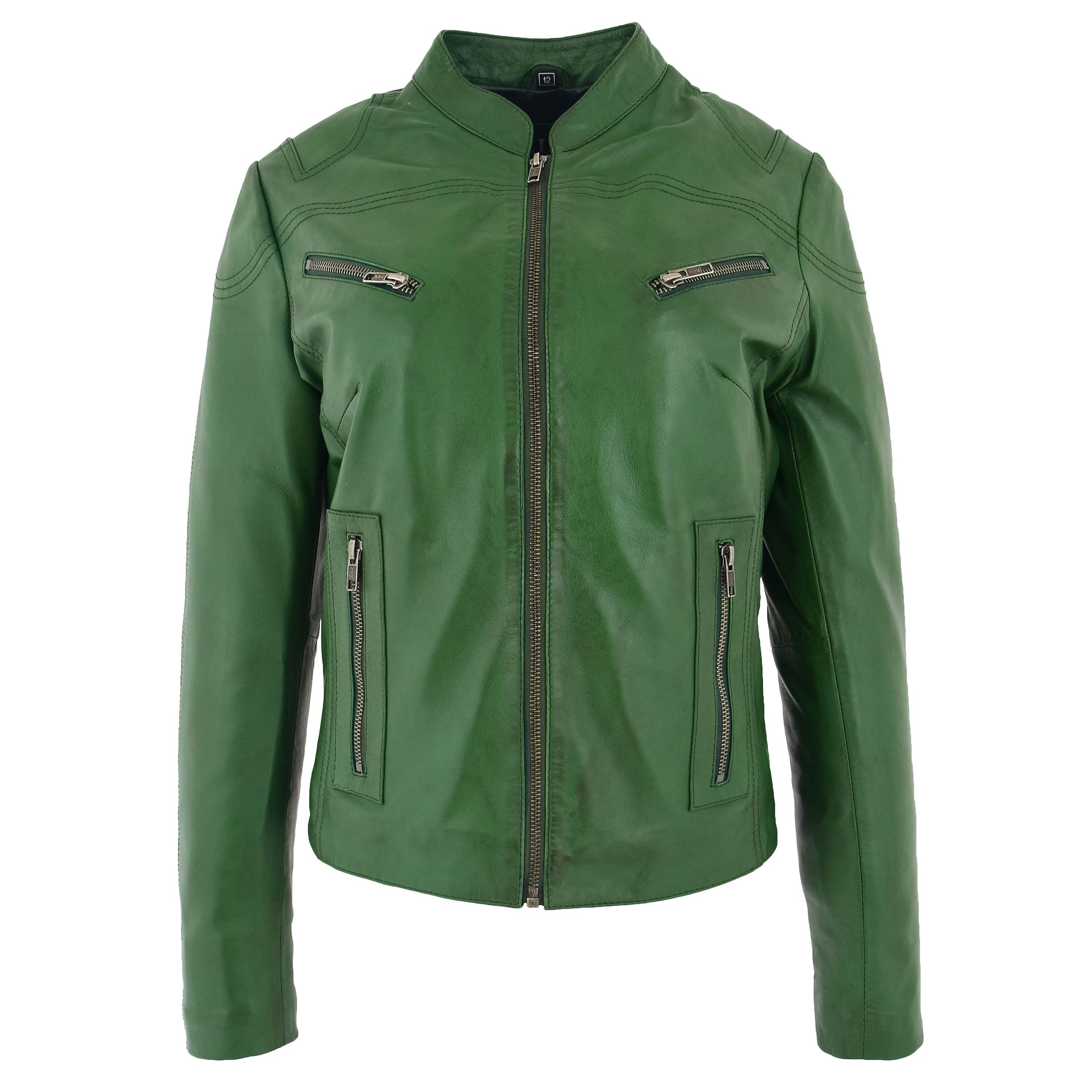 BUNERI Chaqueta Biker de Cuero Verde para Mujer Cuello Alto