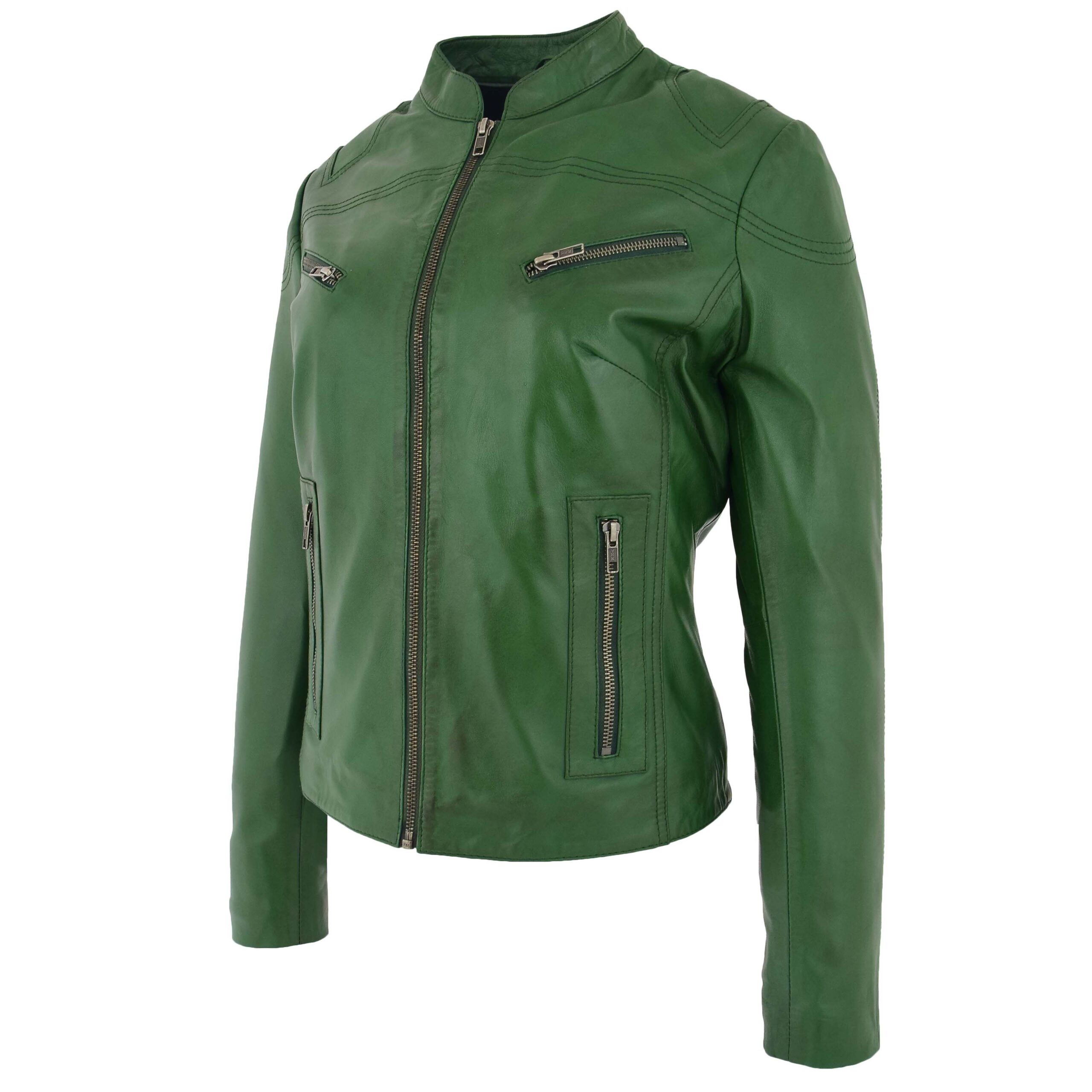 BUNERI Chaqueta Biker de Cuero Verde para Mujer Cuello Alto - Imagen 3