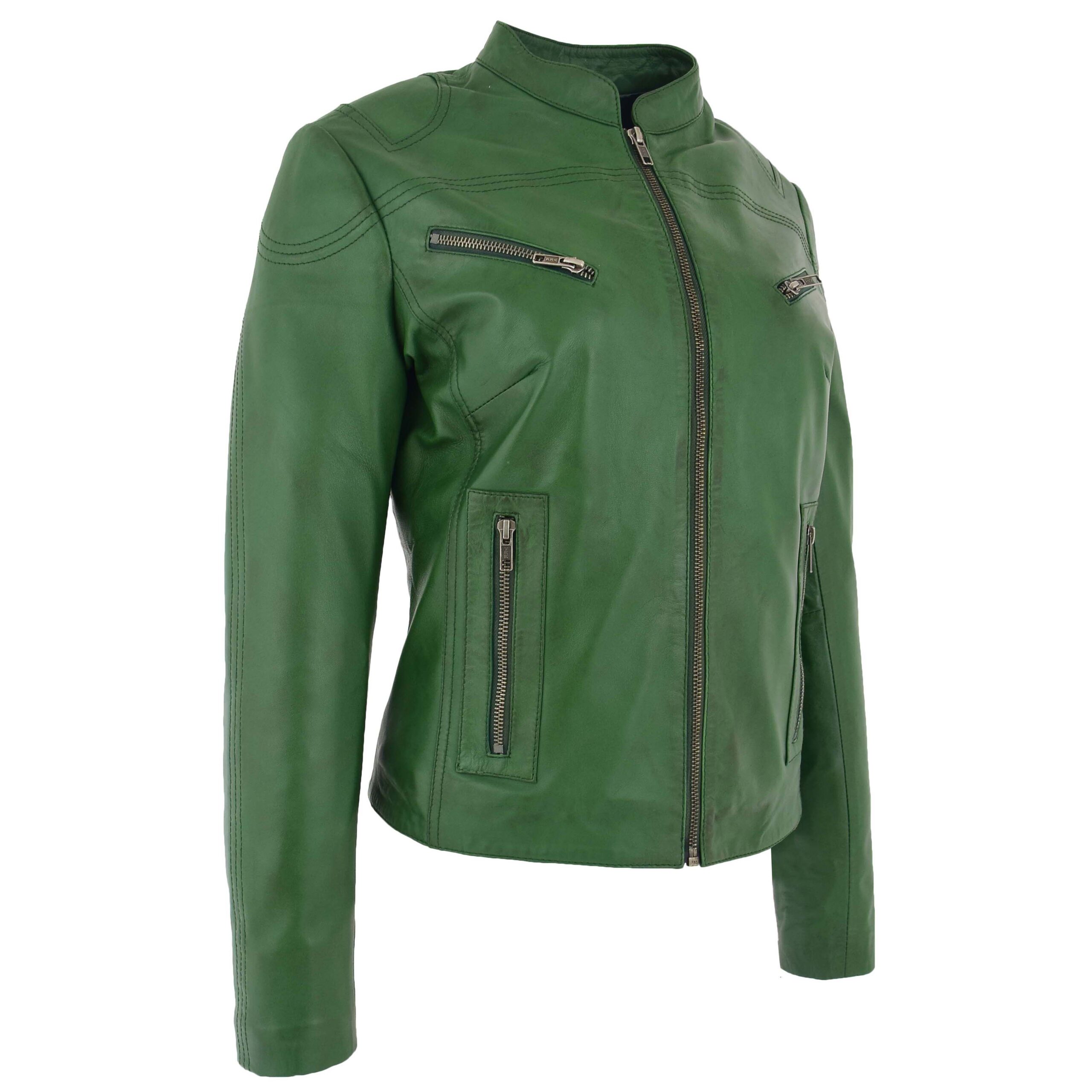 BUNERI Chaqueta Biker de Cuero Verde para Mujer Cuello Alto - Imagen 4