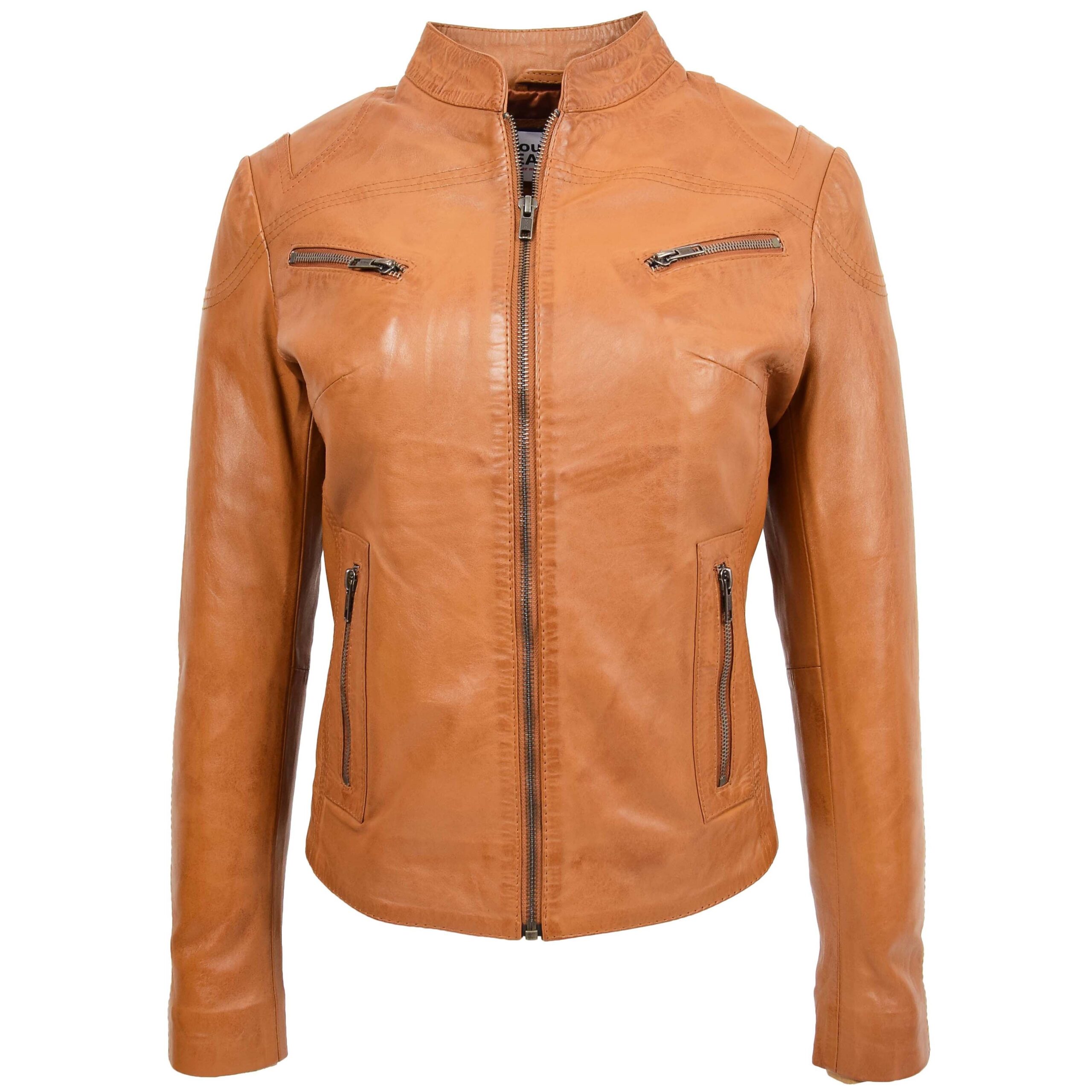 BUNERI Chaqueta de Cuero Cuello Alto para Mujer Tostado