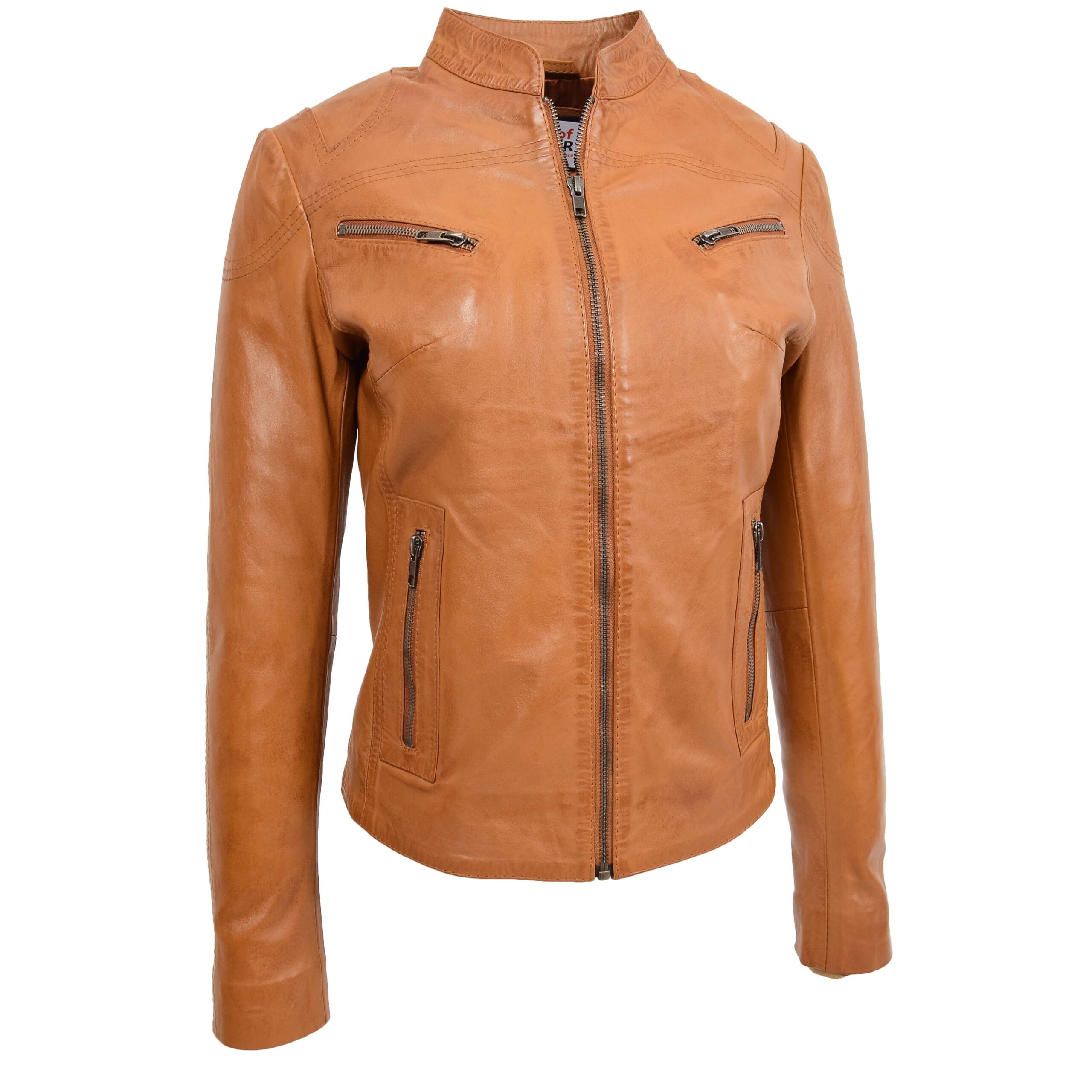 BUNERI Chaqueta de Cuero Cuello Alto para Mujer Tostado - Imagen 3