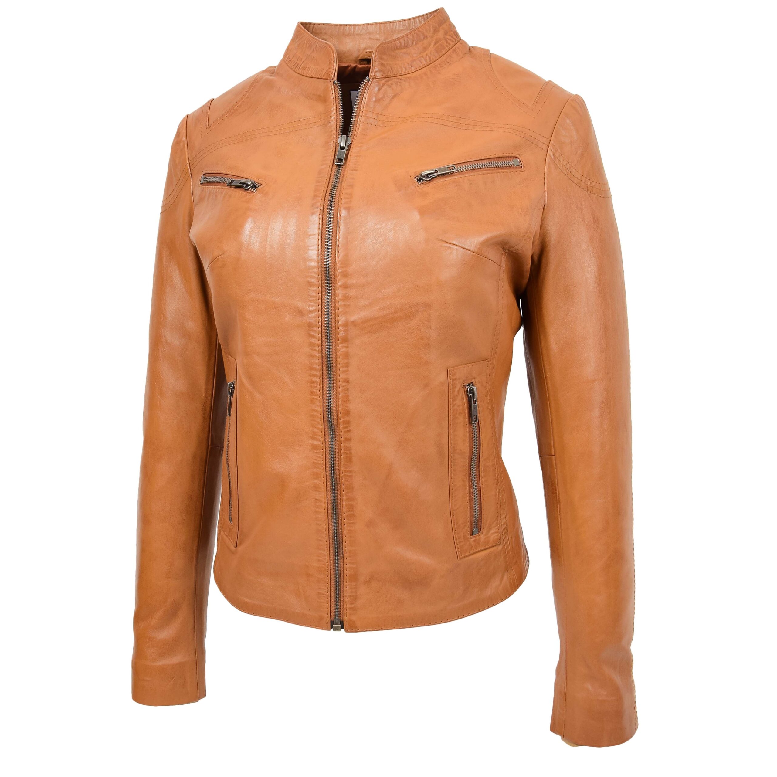 BUNERI Chaqueta de Cuero Cuello Alto para Mujer Tostado - Imagen 4