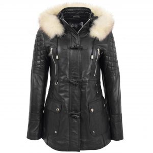 BUNERI Abrigo de Cuero Estilo Duffle Original para Mujer Negro