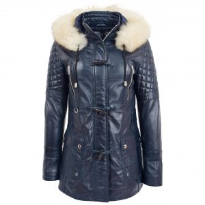 BUNERI Abrigo Mujer Cuero Original Estilo Duffle Azul