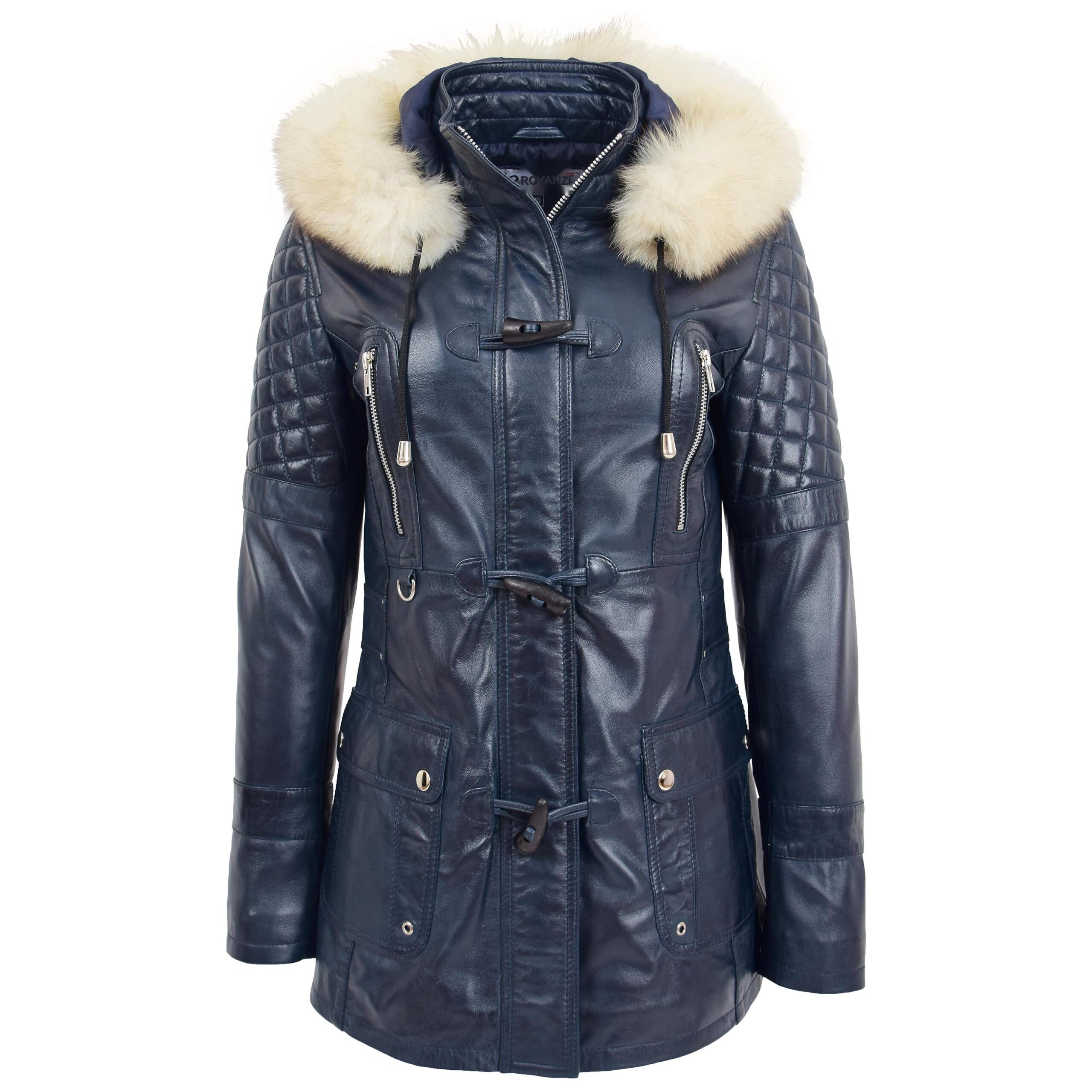 BUNERI Cuero Ariel Azul Estilo Duffle Mujer
