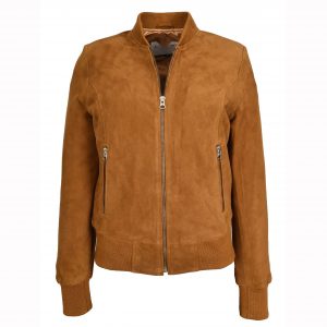 BUNERI Chaqueta Bomber MA-1 de Ante Real de Cabra Coñac para Mujer