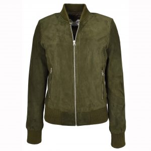 BUNERI Chaqueta Bomber MA-1 de Ante de Cabra Verde Kaki para Mujer