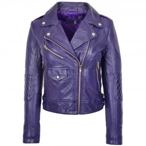 BUNERI Chaqueta Biker Mujer Cuero Real Cremallera Cruzada Moda Morada