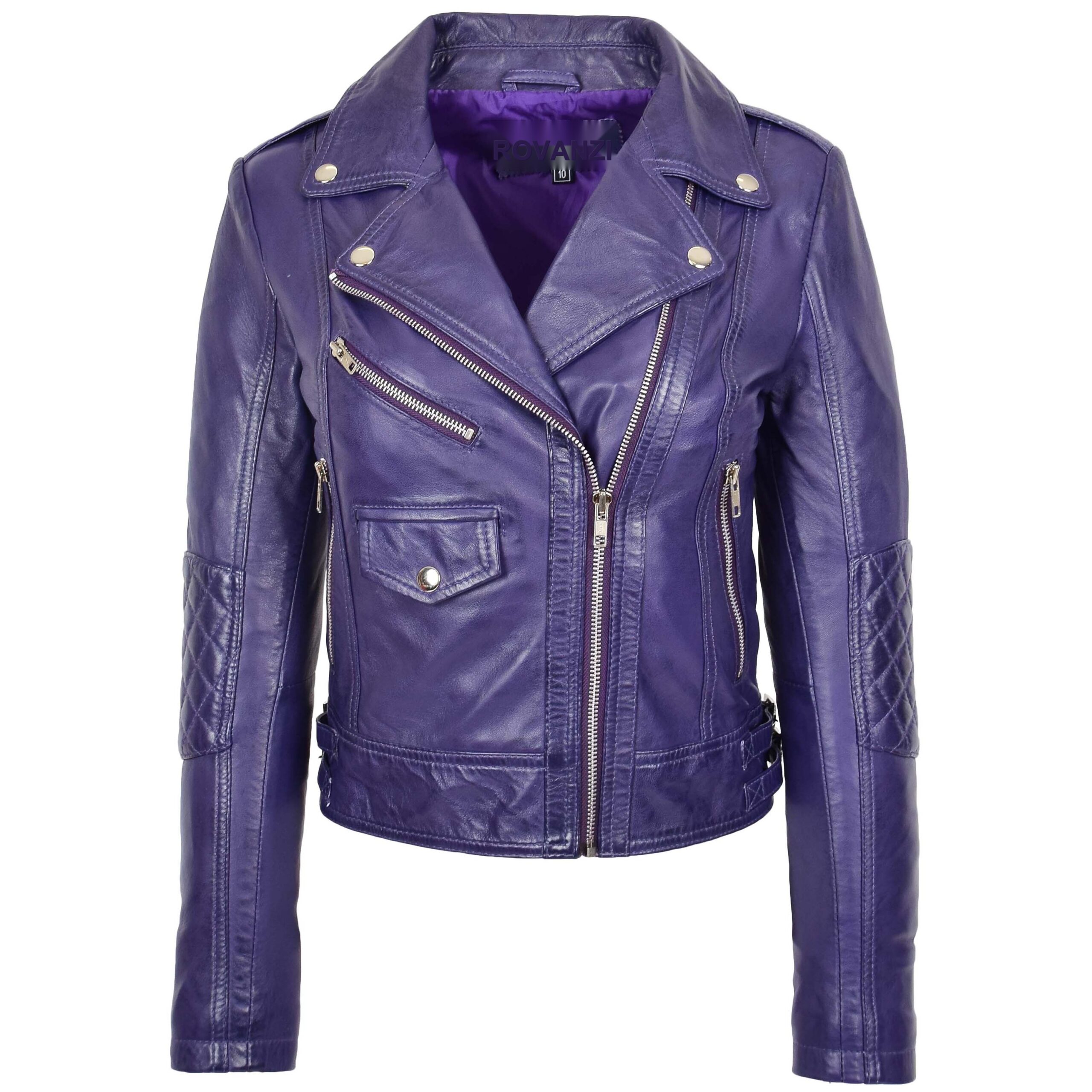 BUNERI Chaqueta Biker Mujer Cuero Real Cremallera Cruzada Moda Morada