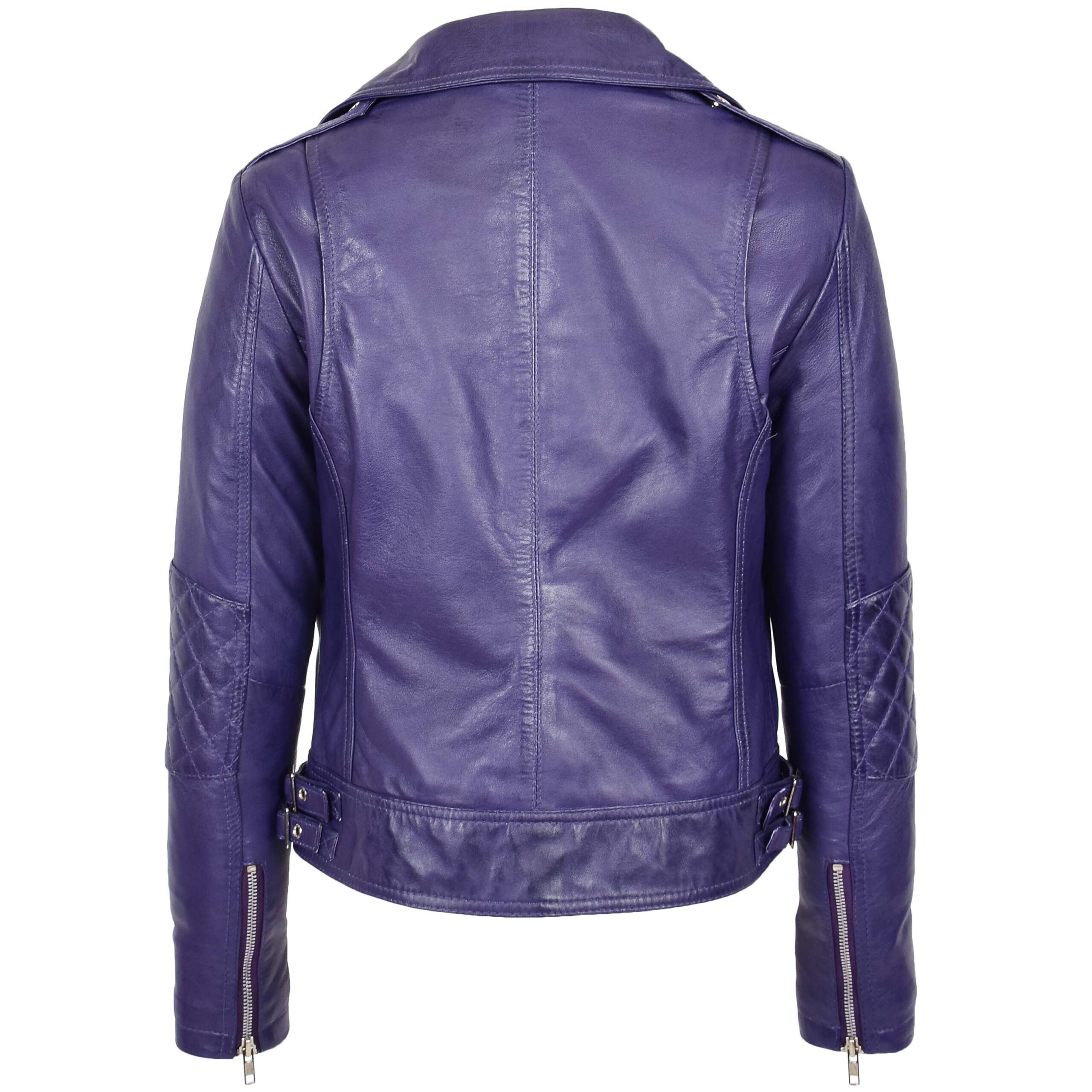 BUNERI Chaqueta Biker Mujer Cuero Real Cremallera Cruzada Moda Morada - Imagen 2