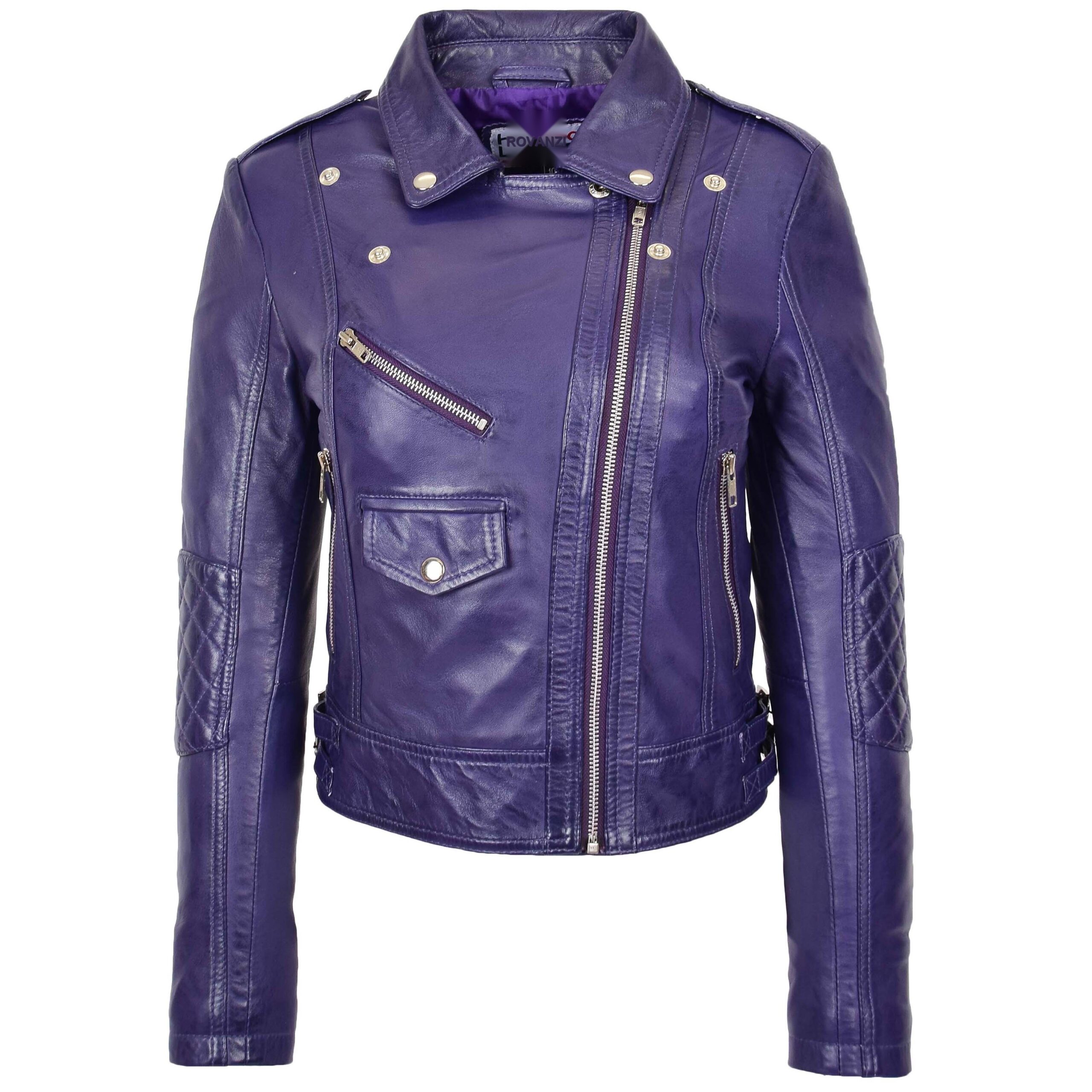 BUNERI Chaqueta Biker Mujer Cuero Real Cremallera Cruzada Moda Morada - Imagen 3