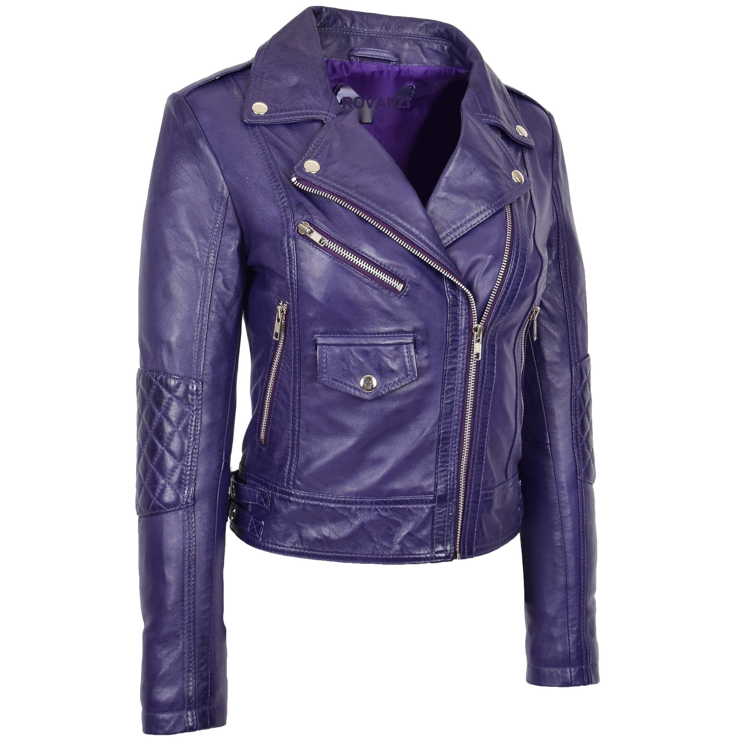 BUNERI Chaqueta Biker Mujer Cuero Real Cremallera Cruzada Moda Morada - Imagen 4