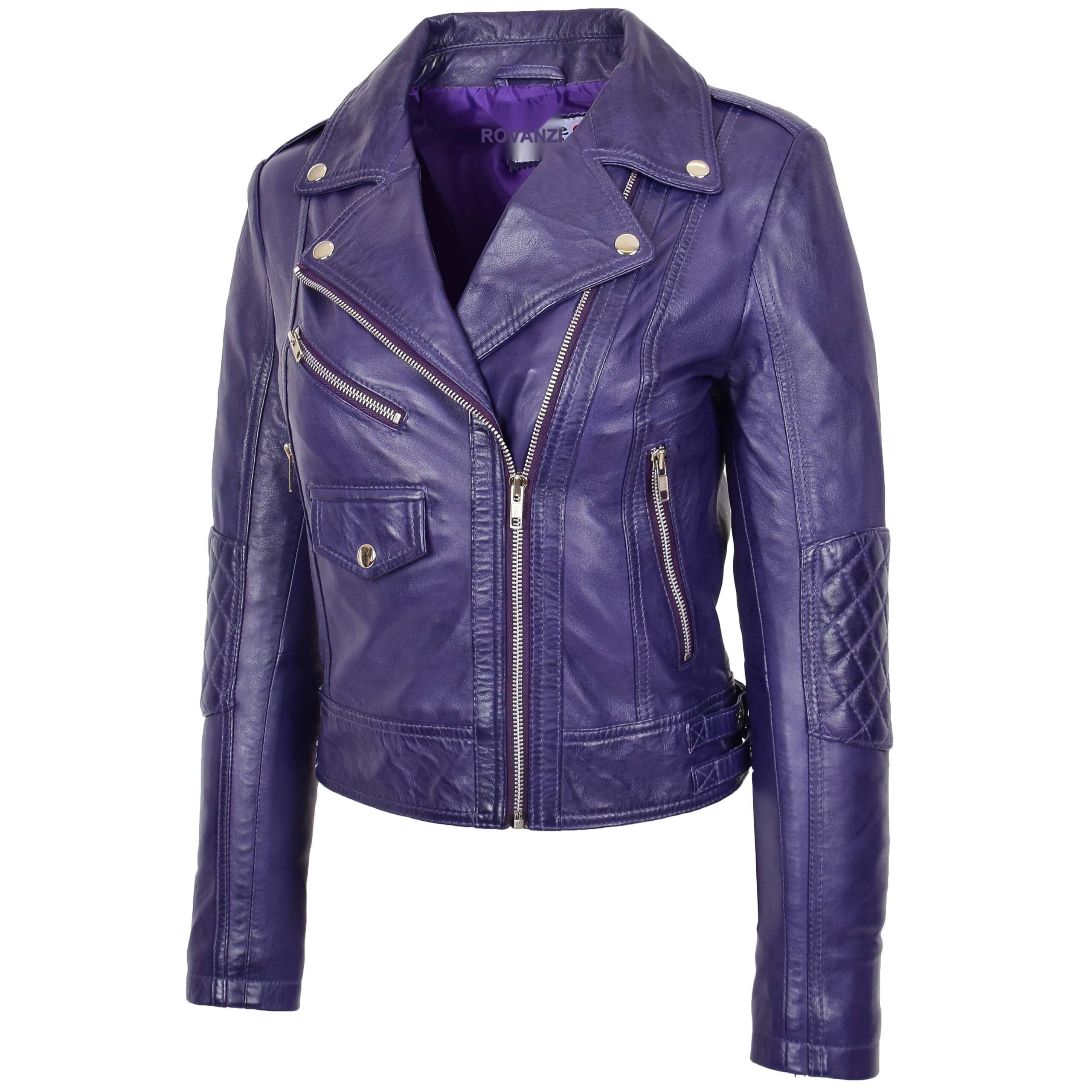 BUNERI Chaqueta Biker Mujer Cuero Real Cremallera Cruzada Moda Morada - Imagen 5
