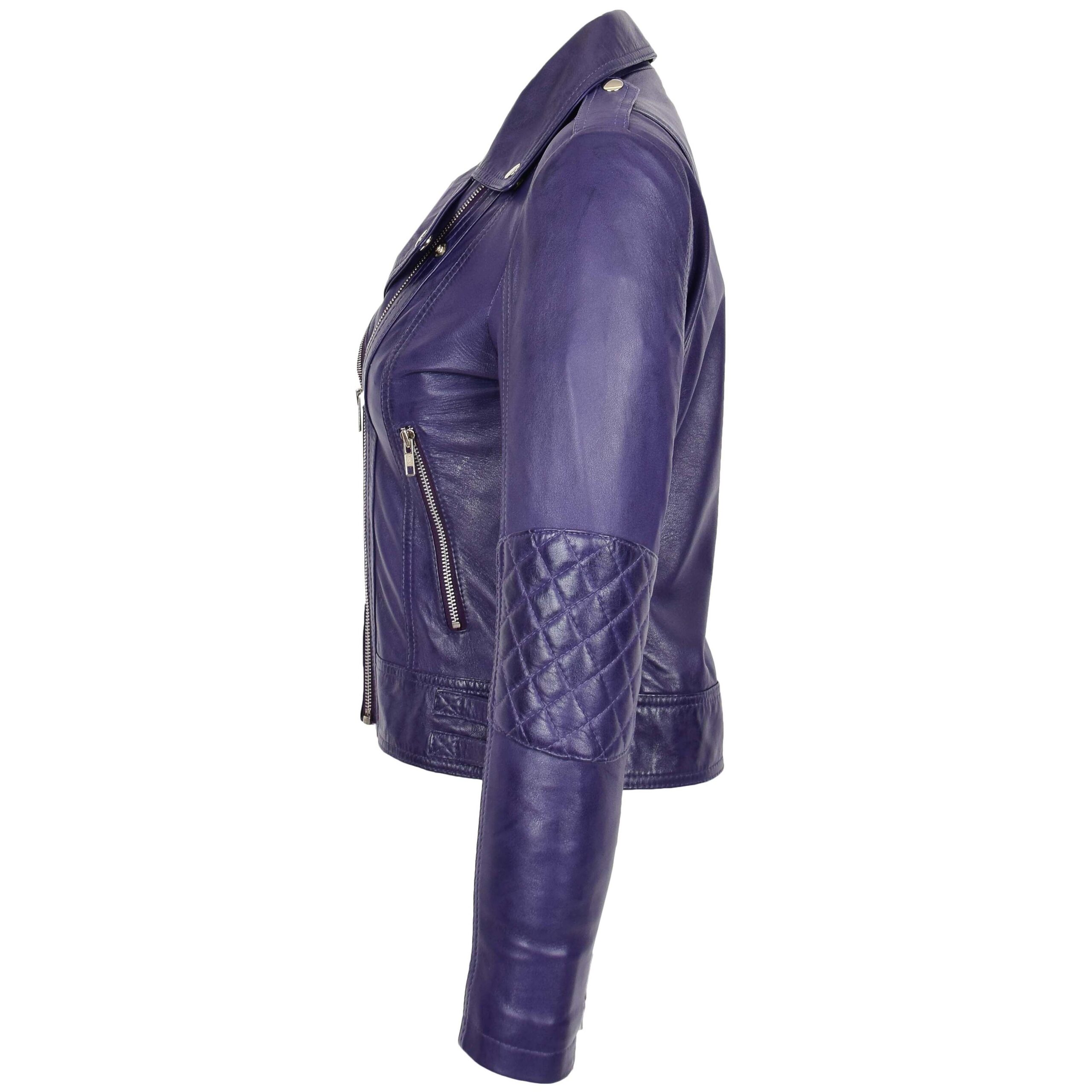 BUNERI Chaqueta Biker Mujer Cuero Real Cremallera Cruzada Moda Morada - Imagen 6