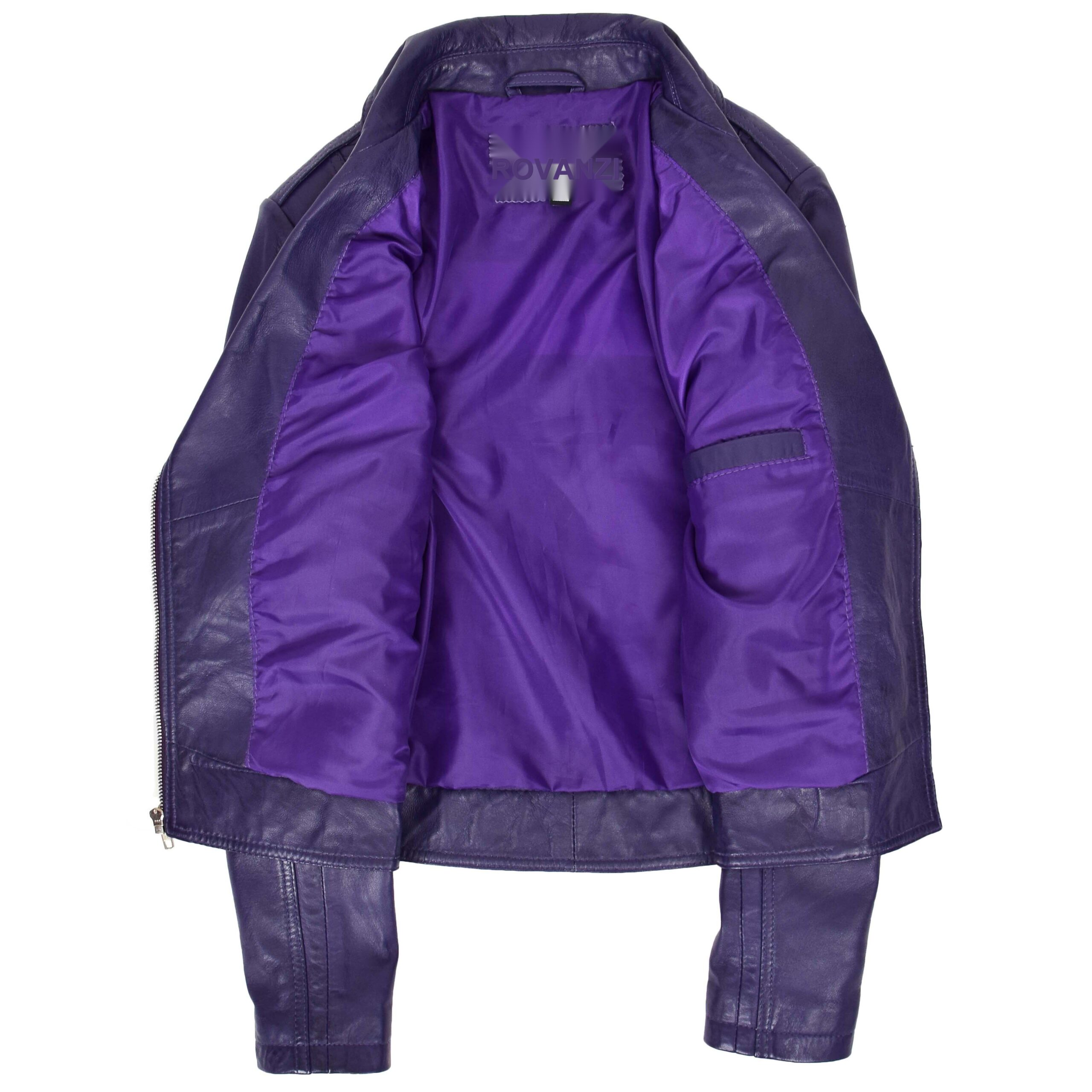 BUNERI Chaqueta Biker Mujer Cuero Real Cremallera Cruzada Moda Morada - Imagen 7