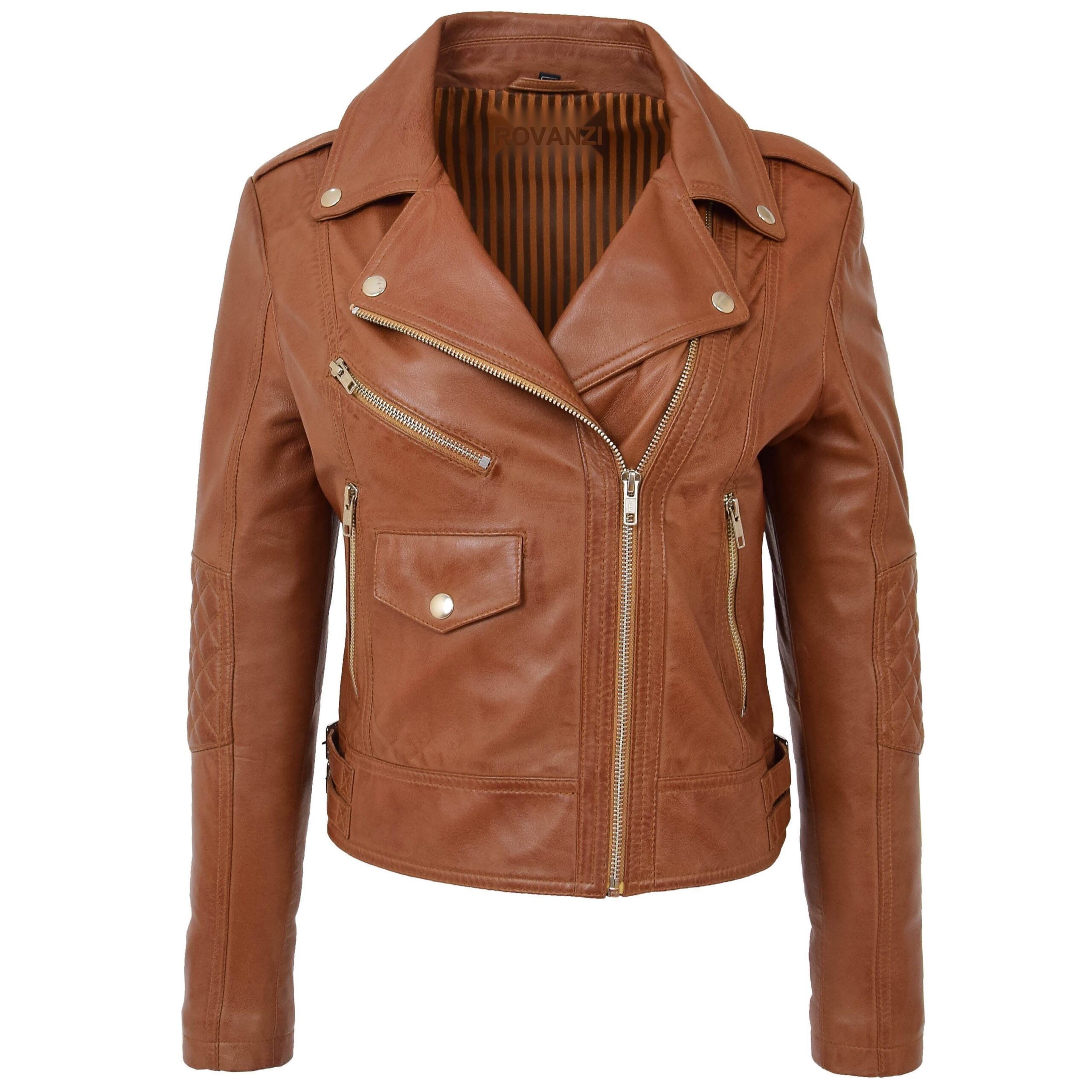 BUNERI Chaqueta Biker de Cuero Tan para Mujer Cremallera Cruzada
