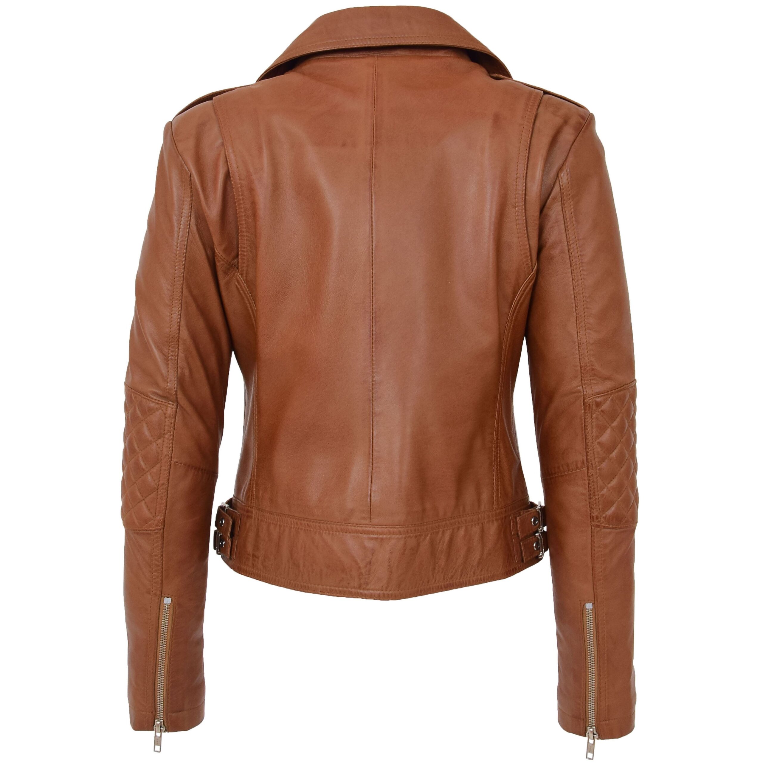 BUNERI Chaqueta Biker de Cuero Tan para Mujer Cremallera Cruzada - Imagen 2